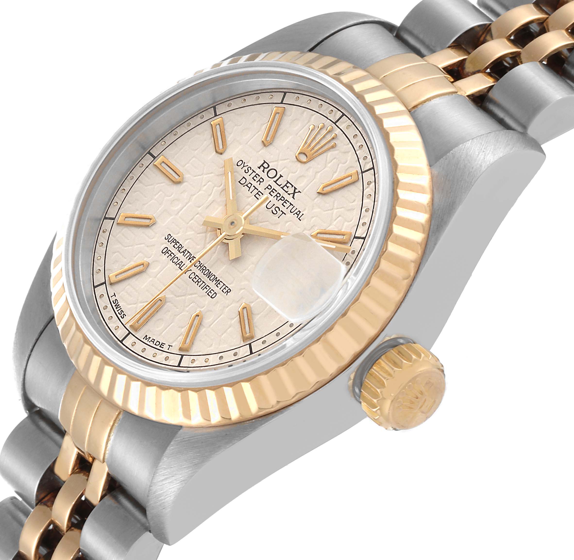 The Rolex Datejust 69173 Women's Steel and Gold (two tone) Beige Dial 69173 Women's Steel and Gold (two tone) Beige Dial watch is shown at an angled view highlighting the dial, bezel, crown, and part of the bracelet.