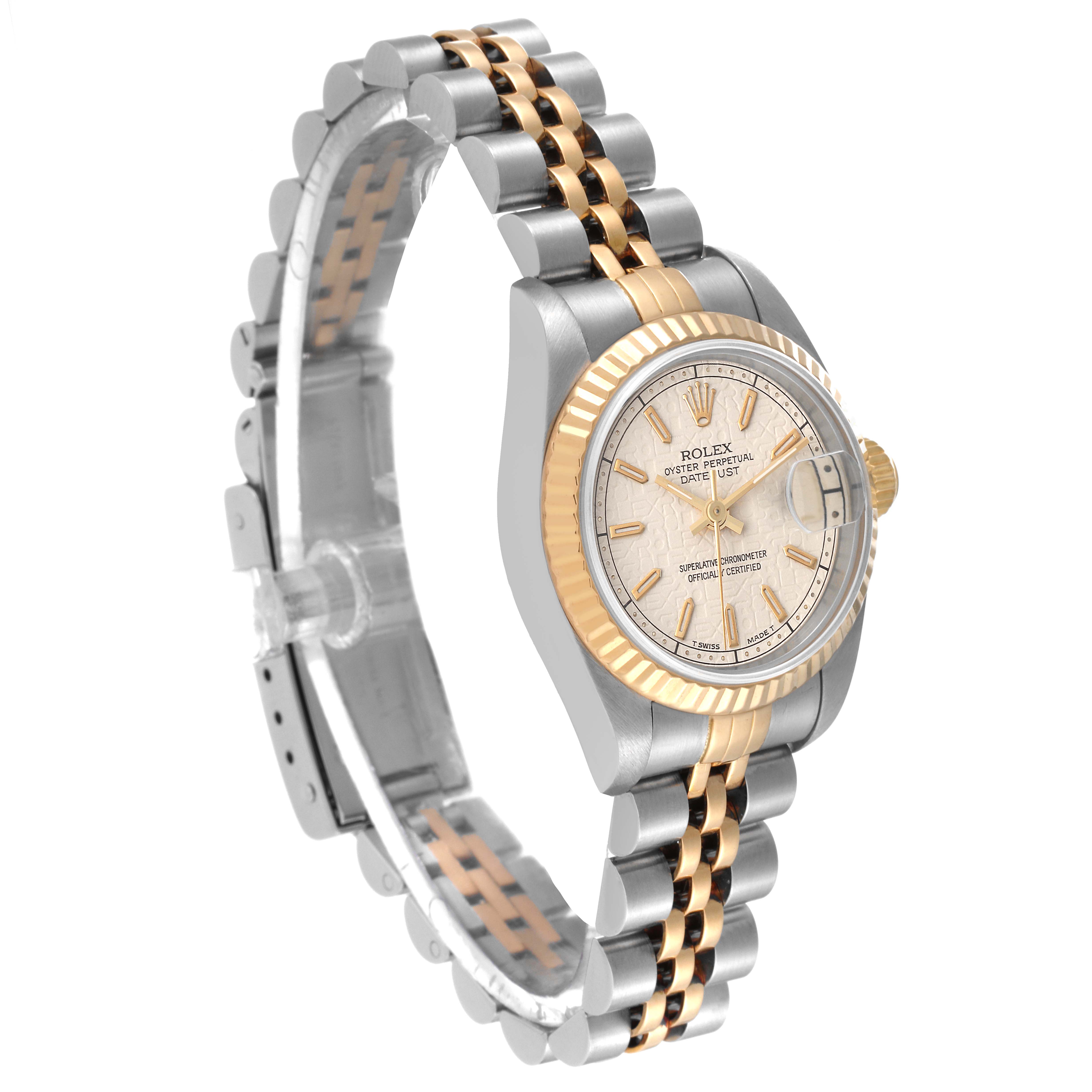 This Rolex Datejust 69173 Women's Steel and Gold (two tone) Beige Dial 69173 Women's Steel and Gold (two tone) Beige Dial model is shown from an angled front view, displaying the face, bezel, and two-tone bracelet.
