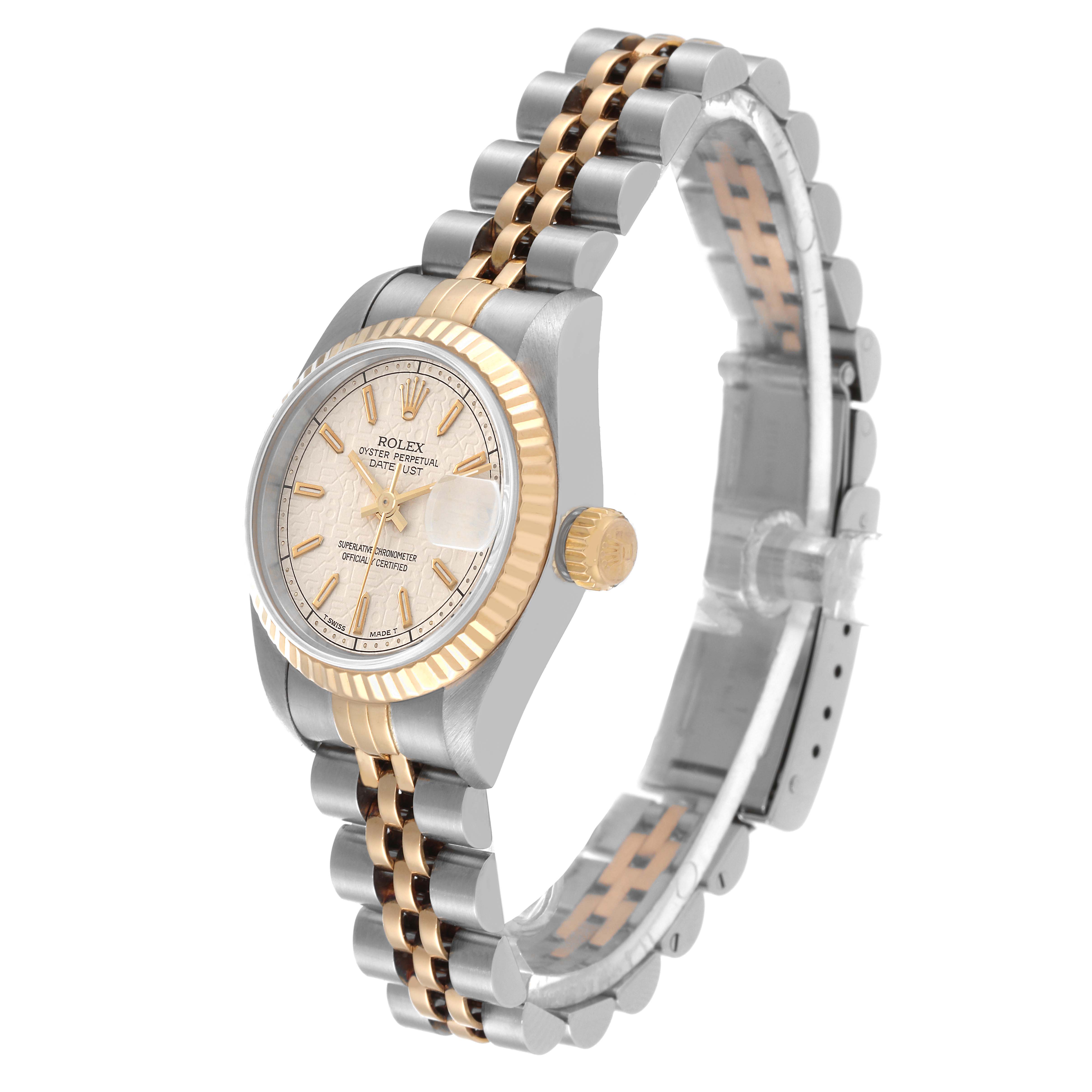The image shows a side angle of a Rolex Datejust 69173 Women's Steel and Gold (two tone) Beige Dial 69173 Women's Steel and Gold (two tone) Beige Dial watch, displaying the dial, bezel, crown, and part of the bracelet.