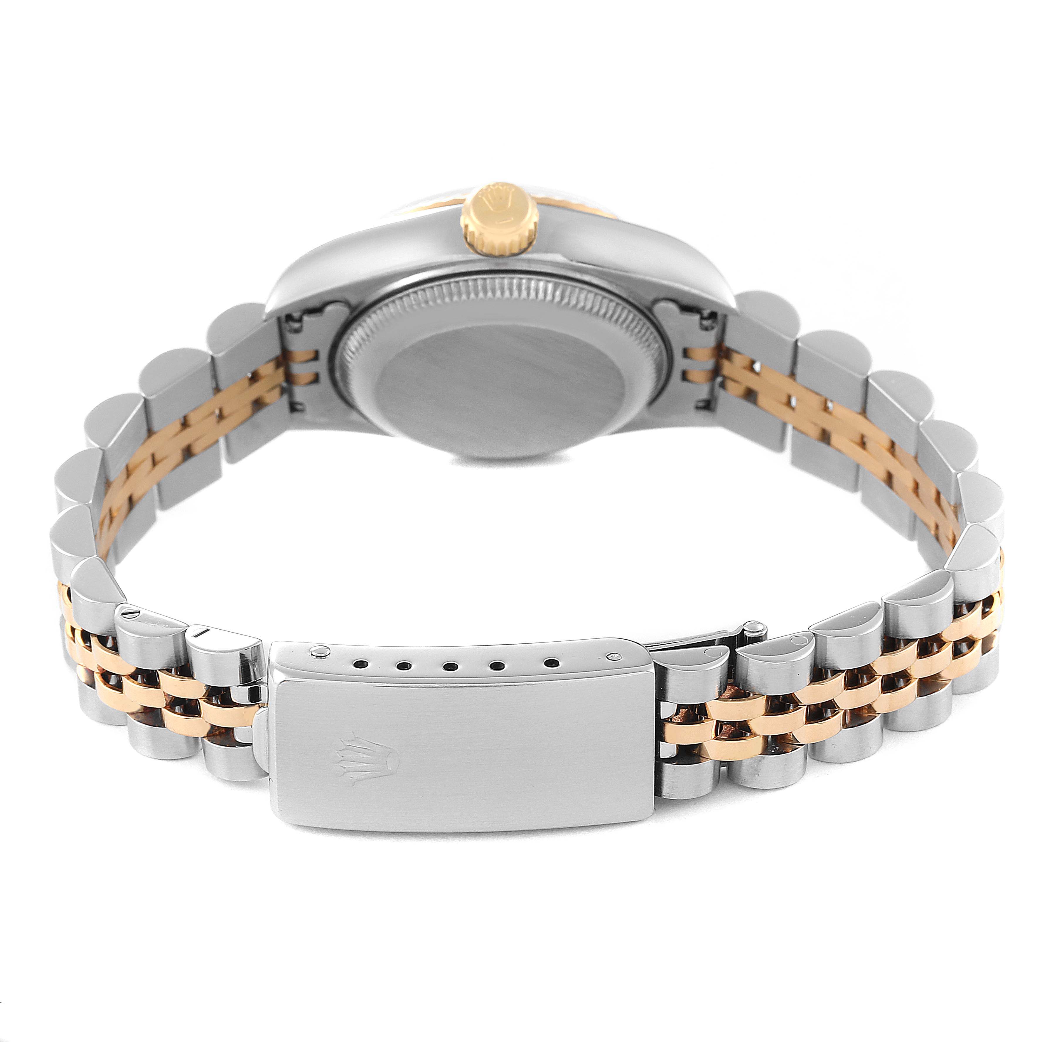 This image shows the back view of a Rolex Datejust 69173 Women's Steel and Gold (two tone) Beige Dial 69173 Women's Steel and Gold (two tone) Beige Dial watch, highlighting the case back and clasp.