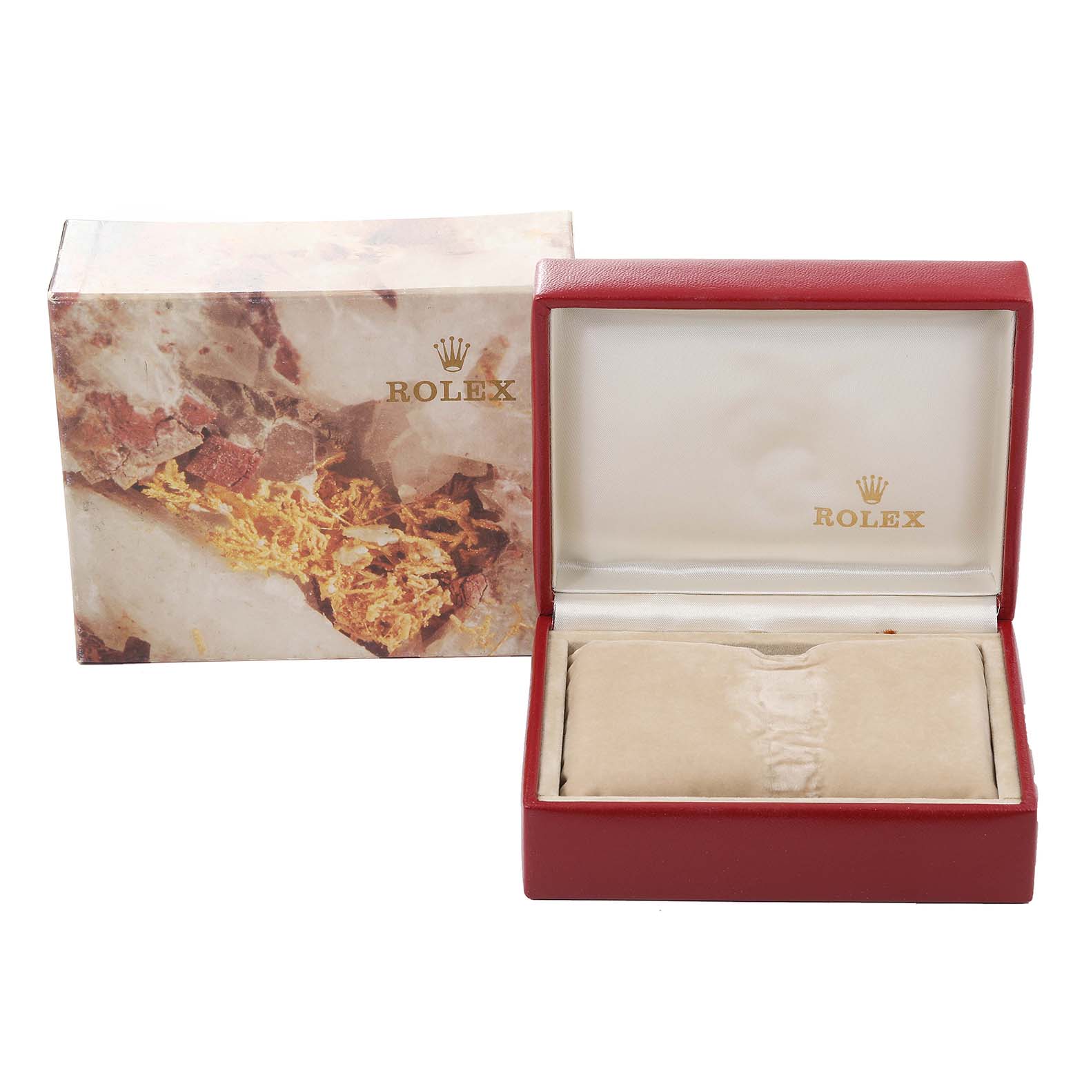 This image shows a Rolex Datejust 69173 Women's Steel and Gold (two tone) Beige Dial 69173 Women's Steel and Gold (two tone) Beige Dial watch box with its lid open, revealing the interior cushion, and the outer decorative box is also displayed.