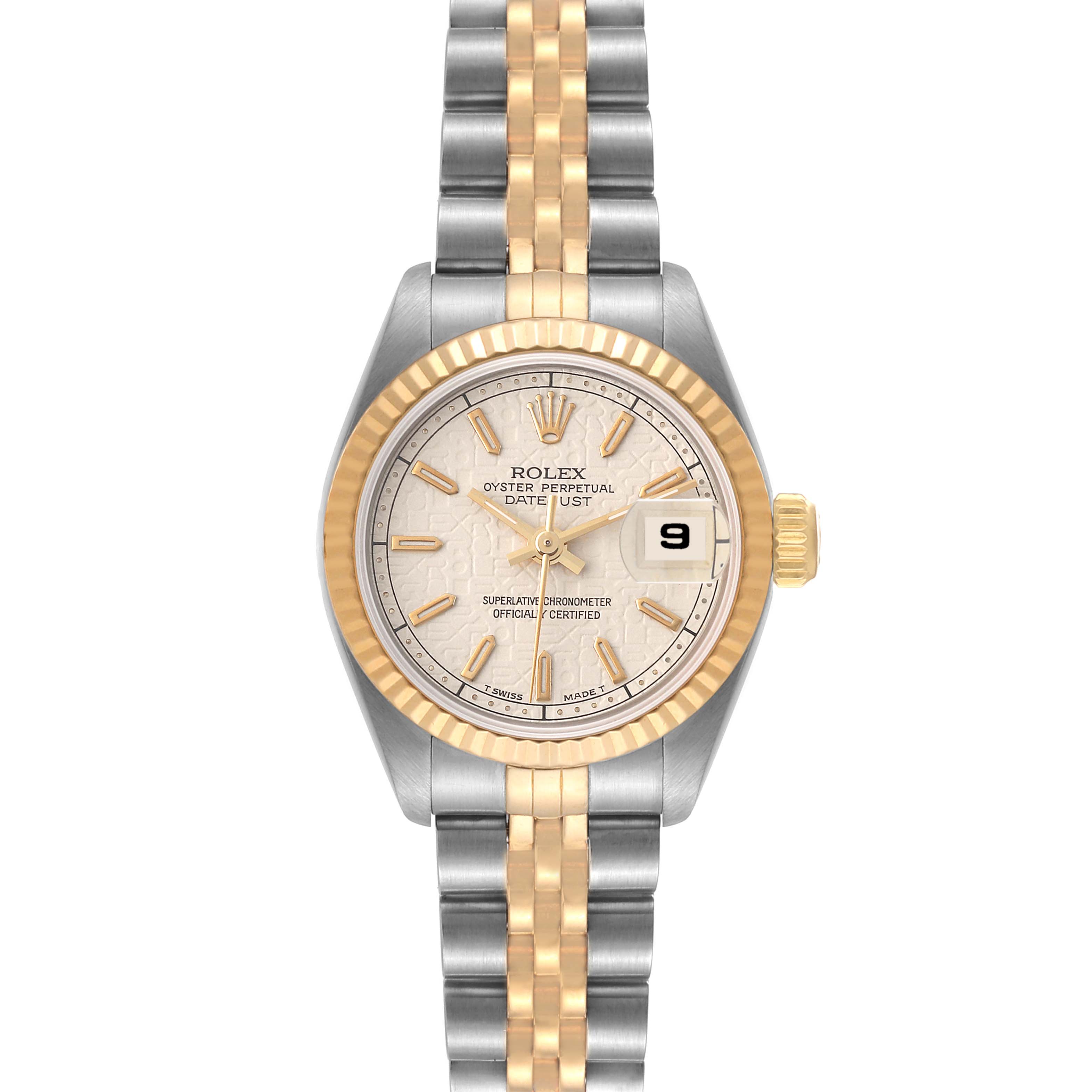 This image shows a front-facing view of a Rolex Datejust 69173 Women's Steel and Gold (two tone) Beige Dial 69173 Women's Steel and Gold (two tone) Beige Dial watch, highlighting the dial, bezel, and bracelet.