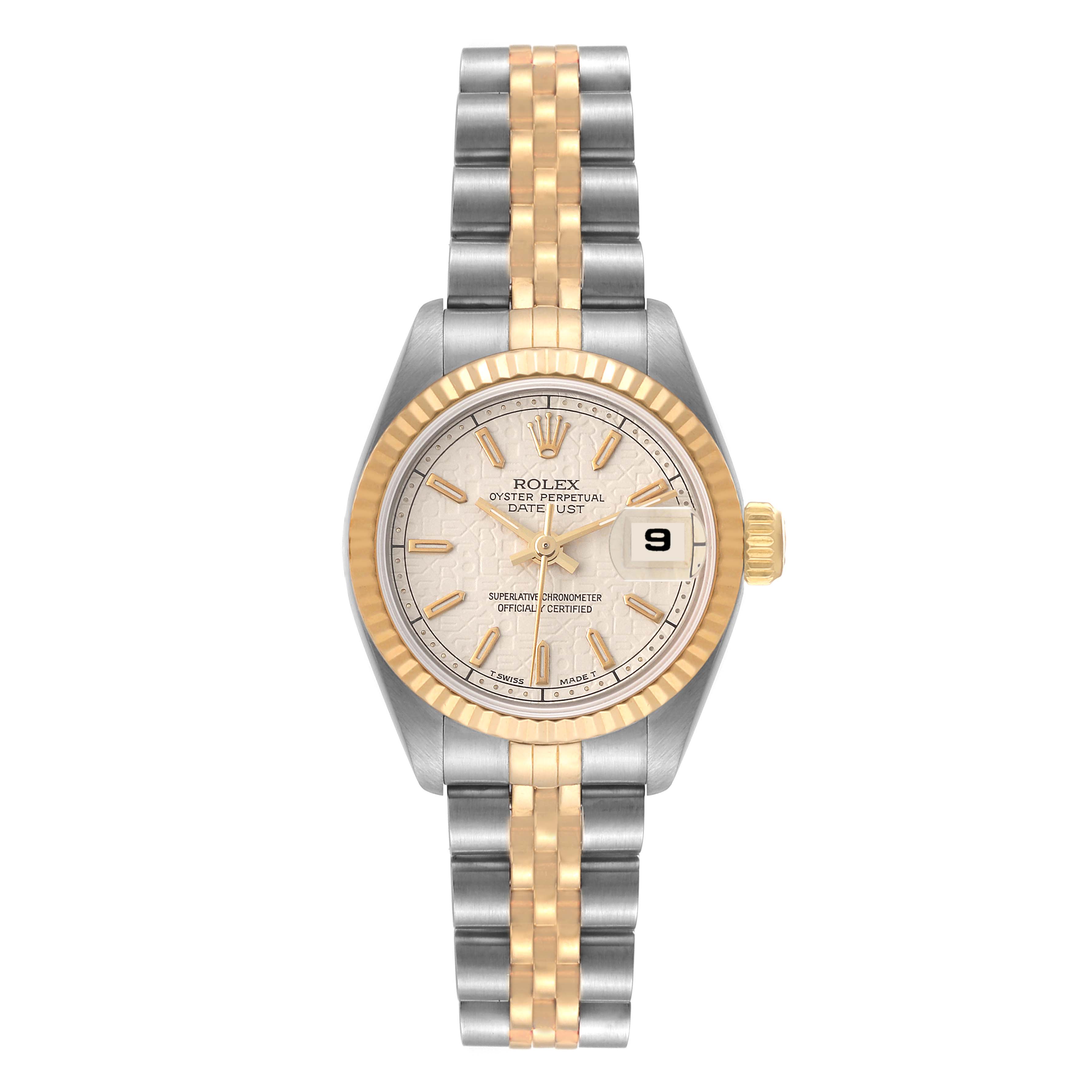 The image shows a front view of a Rolex Datejust 69173 Women's Steel and Gold (two tone) Beige Dial 69173 Women's Steel and Gold (two tone) Beige Dial watch, featuring a gold and silver jubilee bracelet and a fluted bezel.