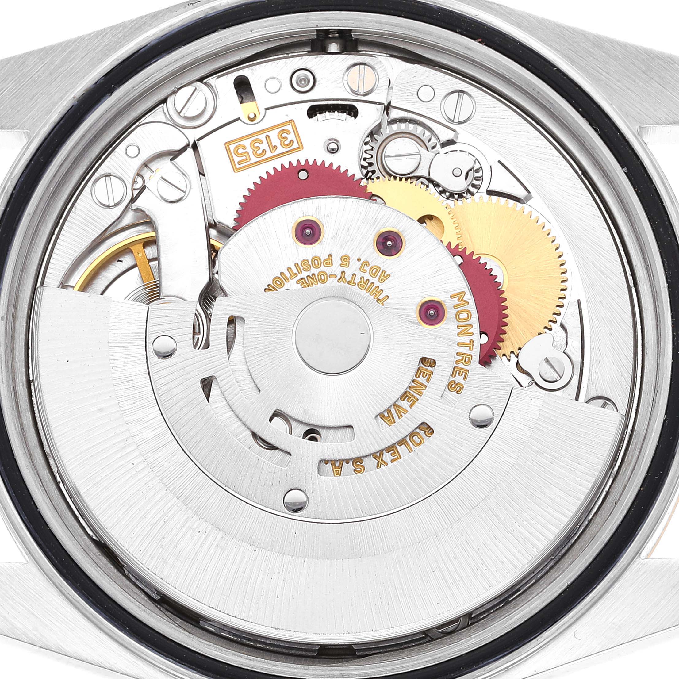 The image shows the internal mechanism of a Rolex Datejust 16233 Men's Steel and Gold (two tone) Champagne Dial 16233 Men's Steel and Gold (two tone) Champagne Dial watch viewed from the backside.
