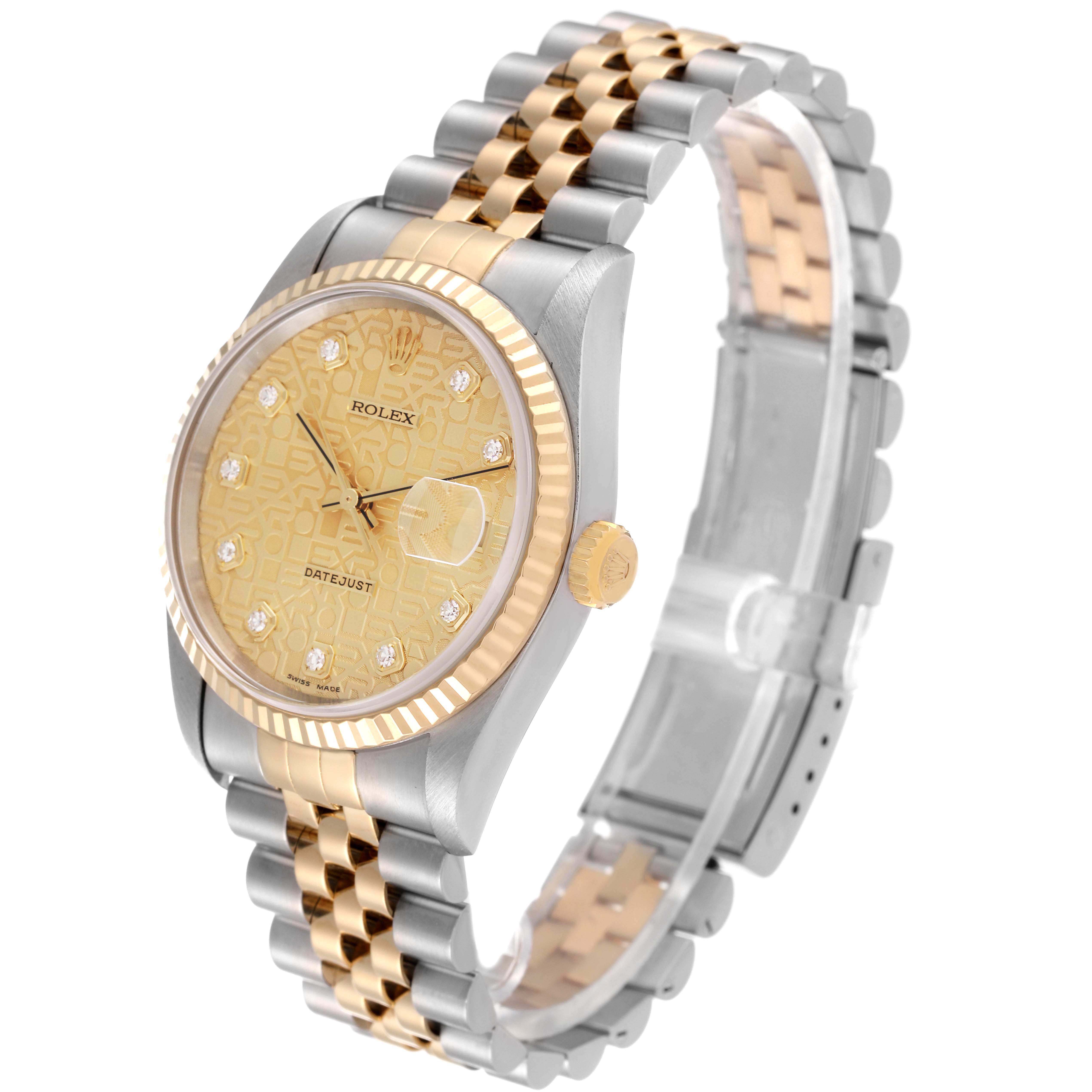 This image showcases a Rolex Datejust 16233 Men's Steel and Gold (two tone) Champagne Dial 16233 Men's Steel and Gold (two tone) Champagne Dial watch at a front angle, highlighting its two-tone bracelet, gold dial, and fluted bezel.