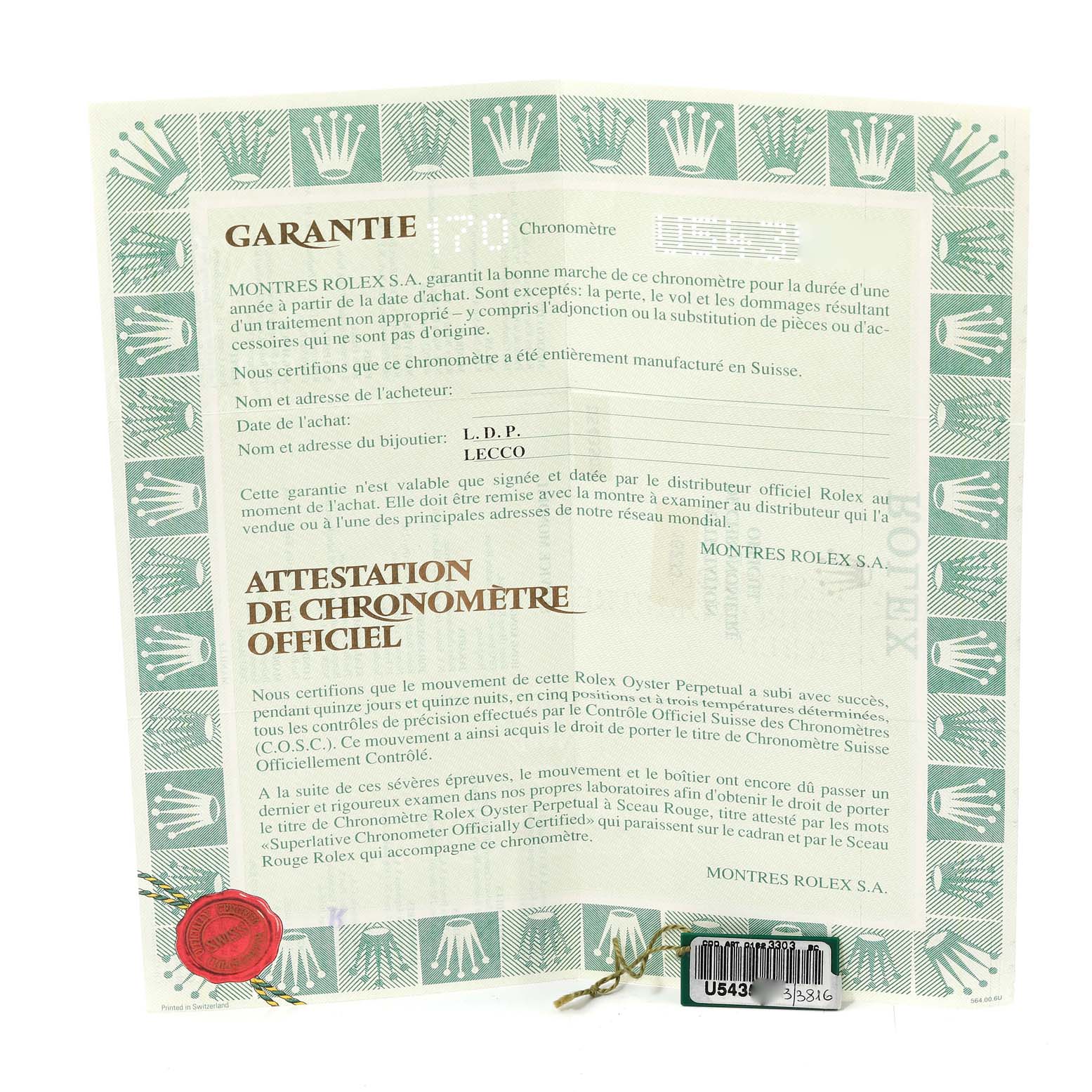 This image shows the official warranty document for a Rolex Datejust 16233 Men's Steel and Gold (two tone) Champagne Dial 16233 Men's Steel and Gold (two tone) Champagne Dial model watch, including certificate seals and details.