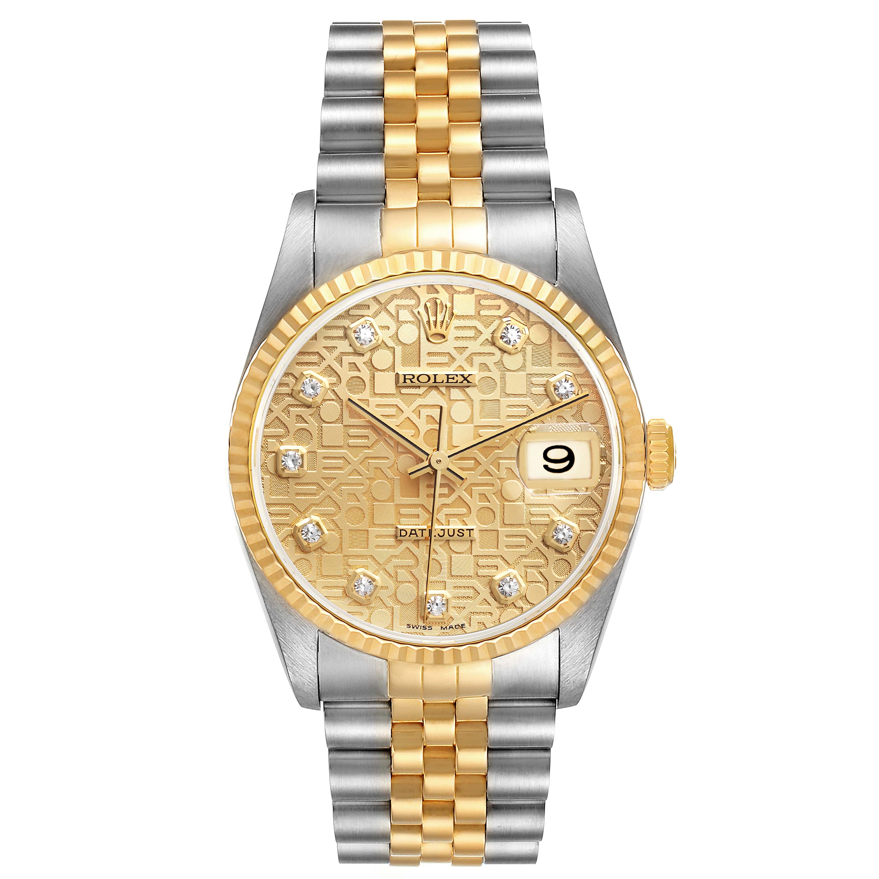 The image shows a front angle of a Rolex Datejust 16233 Men's Steel and Gold (two tone) Champagne Dial 16233 Men's Steel and Gold (two tone) Champagne Dial watch featuring a gold and silver bracelet and a gold dial with diamond markers.