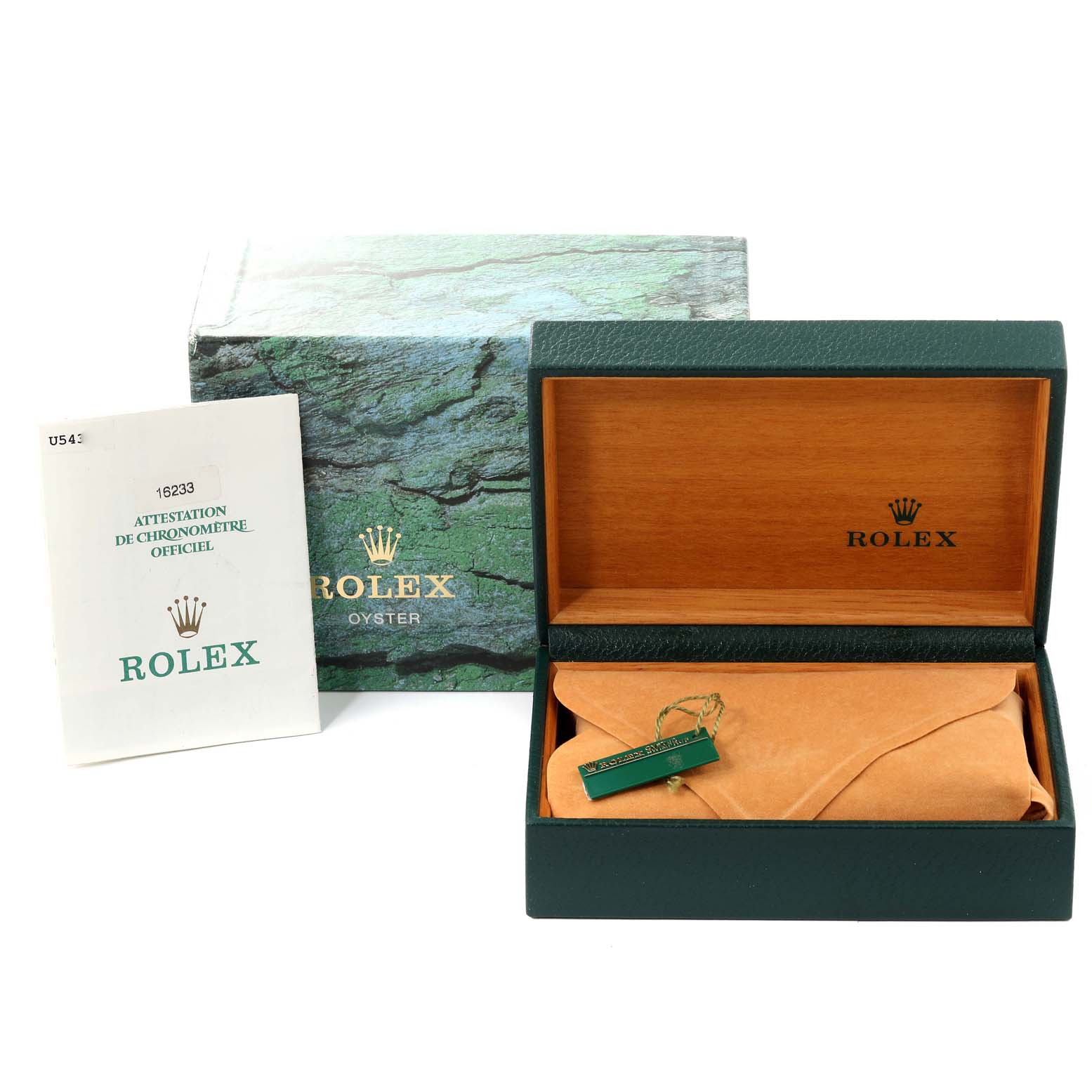 The image shows the packaging, warranty booklet, and green tag of a Rolex Datejust 16233 Men's Steel and Gold (two tone) Champagne Dial 16233 Men's Steel and Gold (two tone) Champagne Dial model, but not the watch itself.