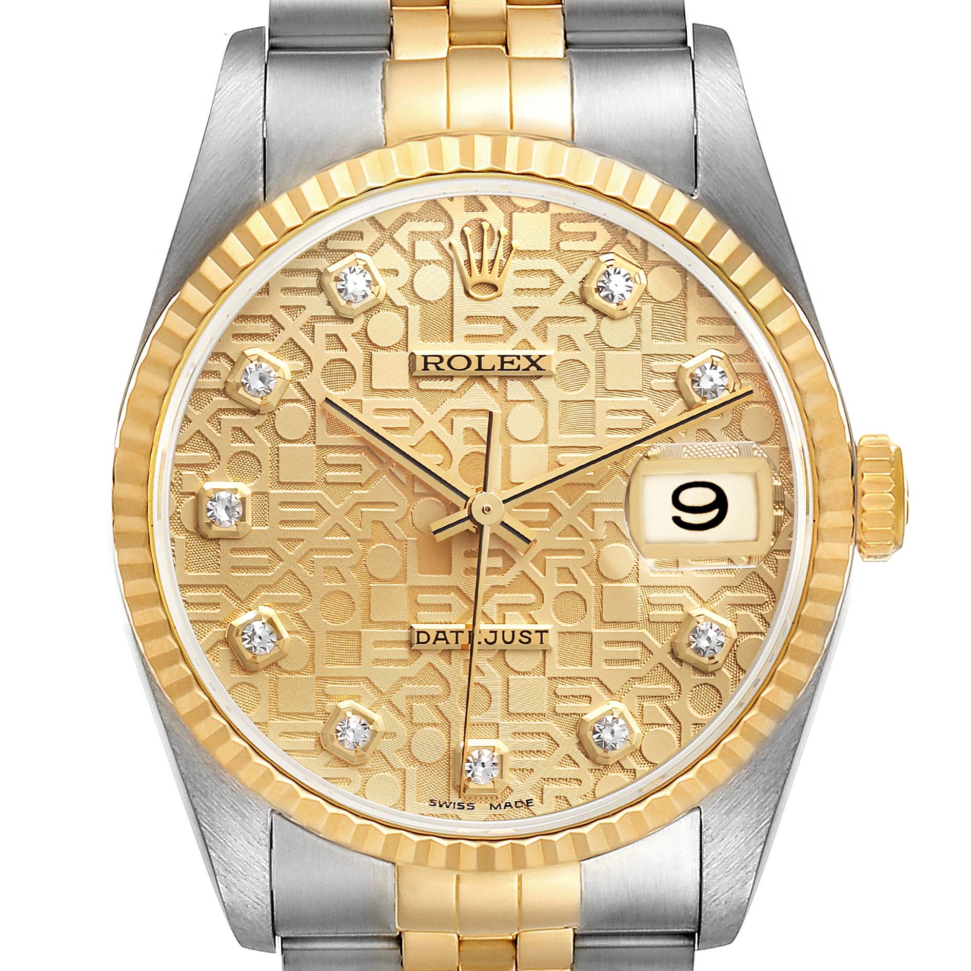 This image shows a close-up of the face and part of the strap of a Rolex Datejust 16233 Men's Steel and Gold (two tone) Champagne Dial 16233 Men's Steel and Gold (two tone) Champagne Dial model watch.