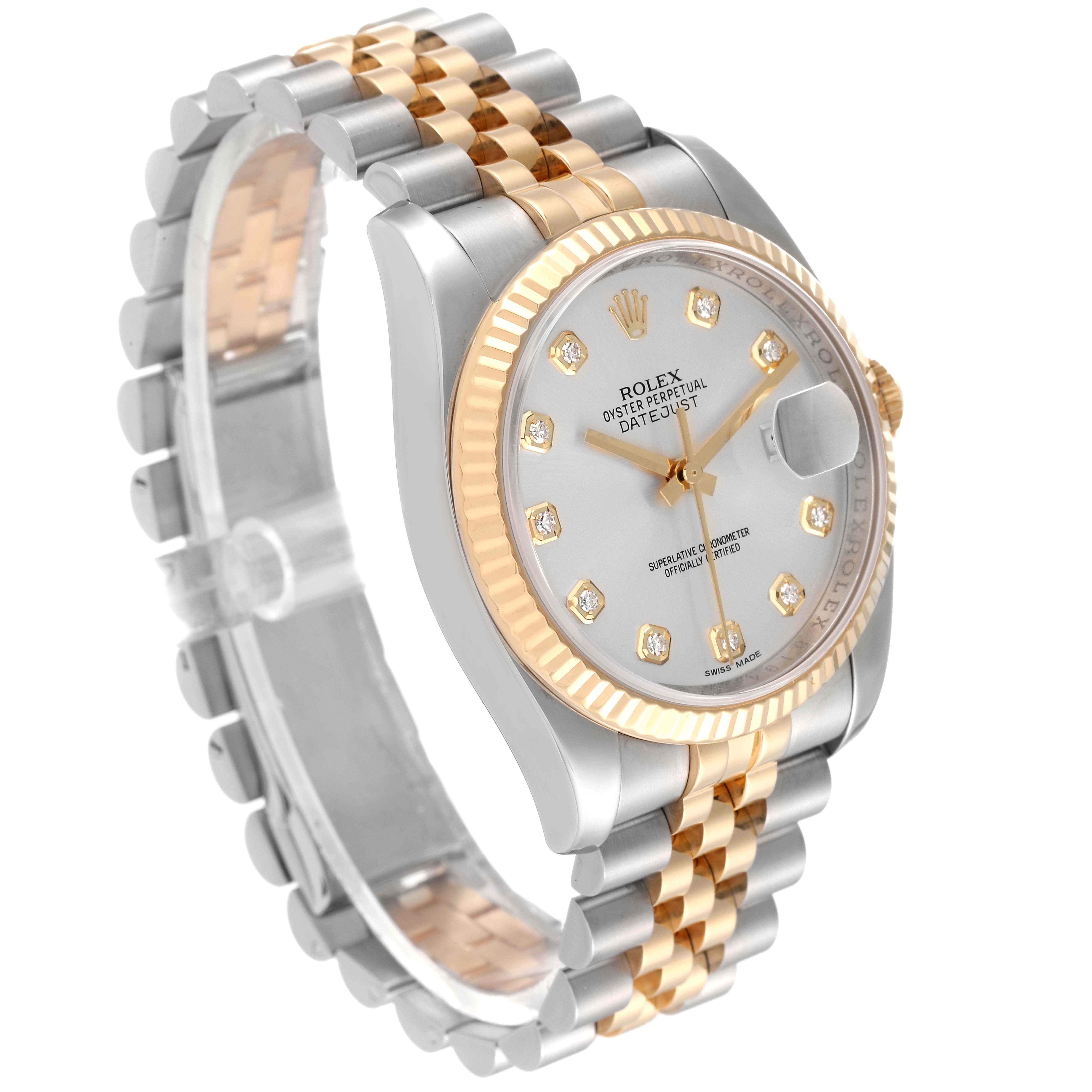 The Rolex Datejust 116233 Men's Steel and Gold (two tone) Silver Dial 116233 Men's Steel and Gold (two tone) Silver Dial watch is shown at a three-quarter angle, highlighting its dial, bezel, and two-tone bracelet.