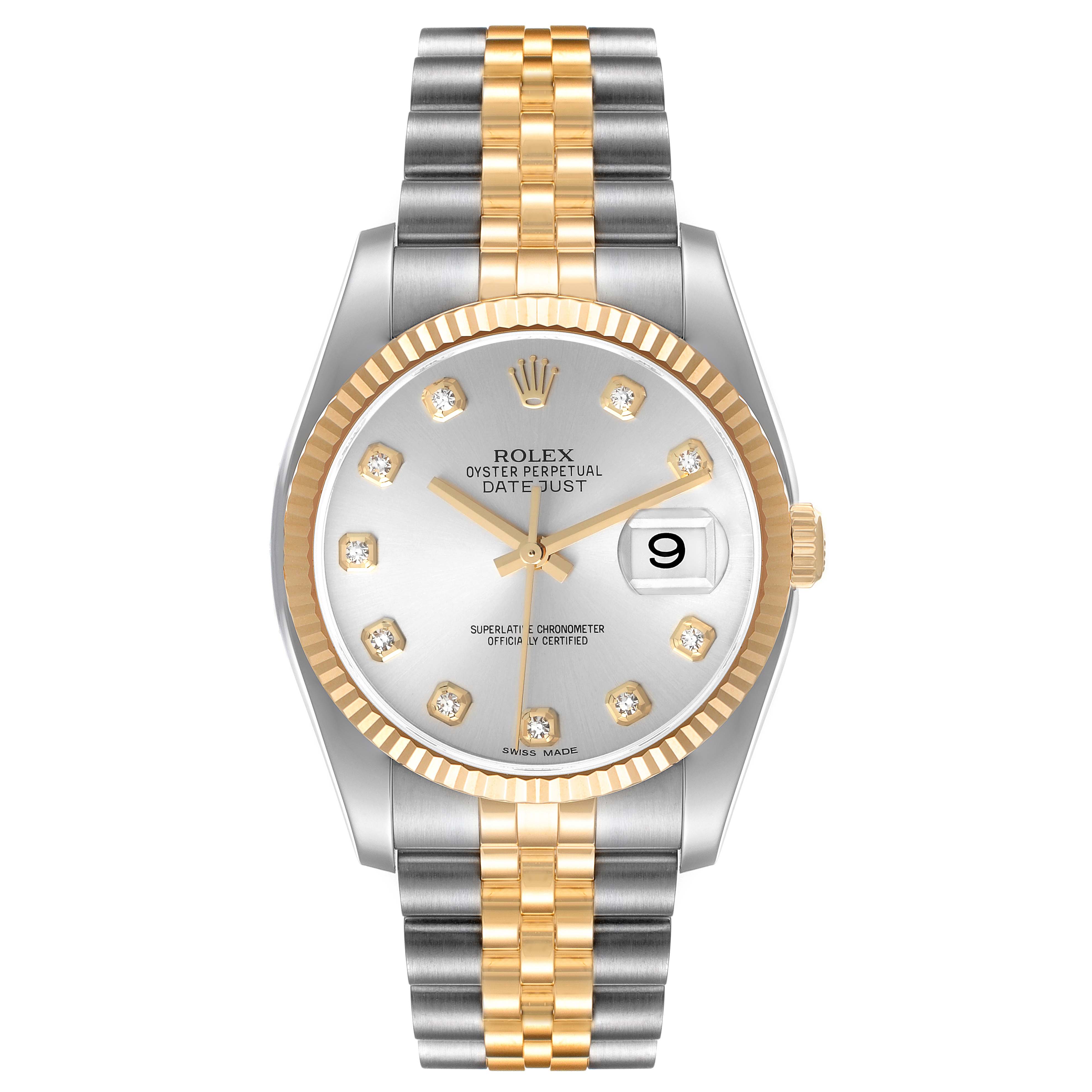 This image shows a Rolex Datejust 116233 Men's Steel and Gold (two tone) Silver Dial 116233 Men's Steel and Gold (two tone) Silver Dial watch from a top view, highlighting its dial, bracelet, and date display.