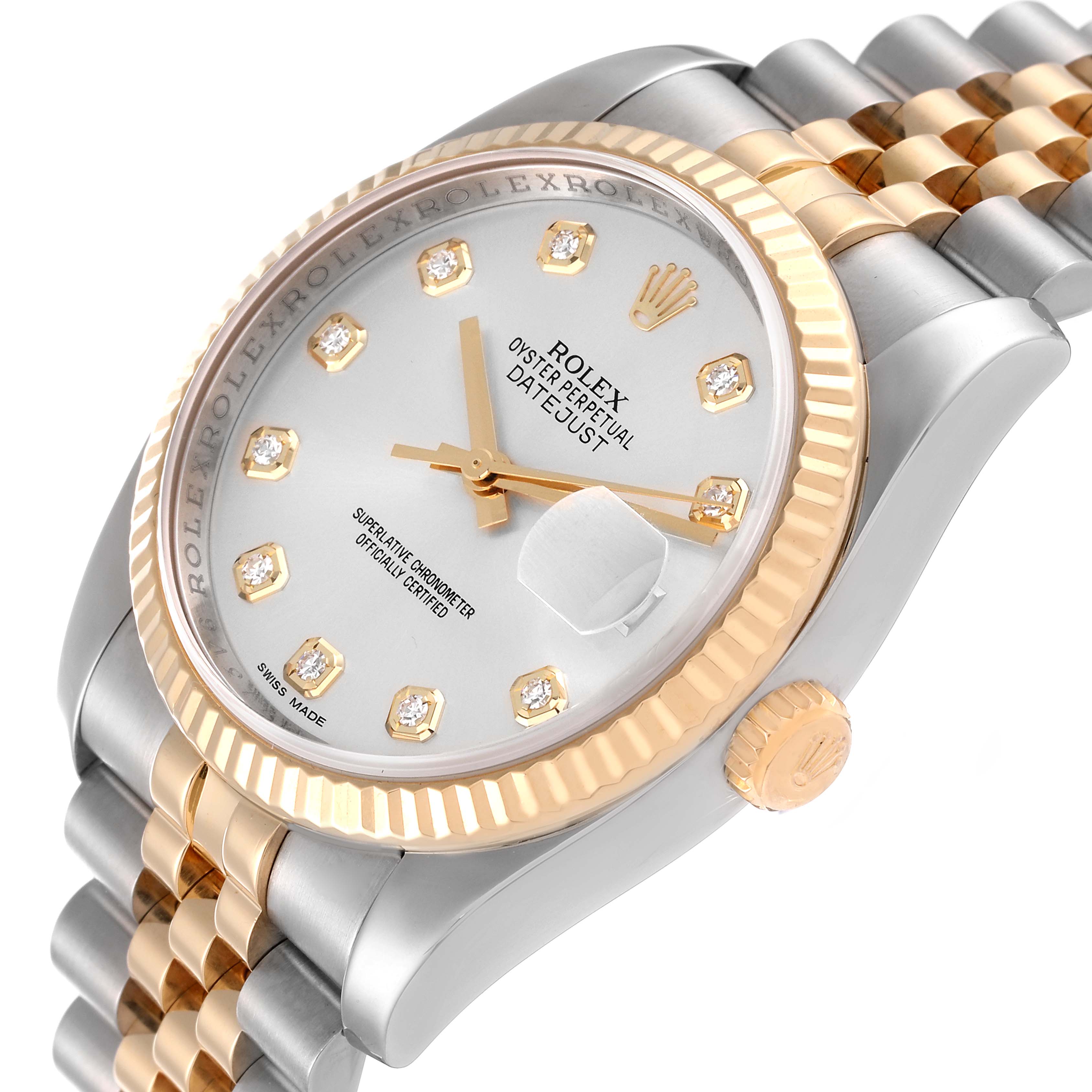 The image shows a close-up angled view of a Rolex Datejust 116233 Men's Steel and Gold (two tone) Silver Dial 116233 Men's Steel and Gold (two tone) Silver Dial watch, highlighting the dial, bezel, and part of the bracelet.