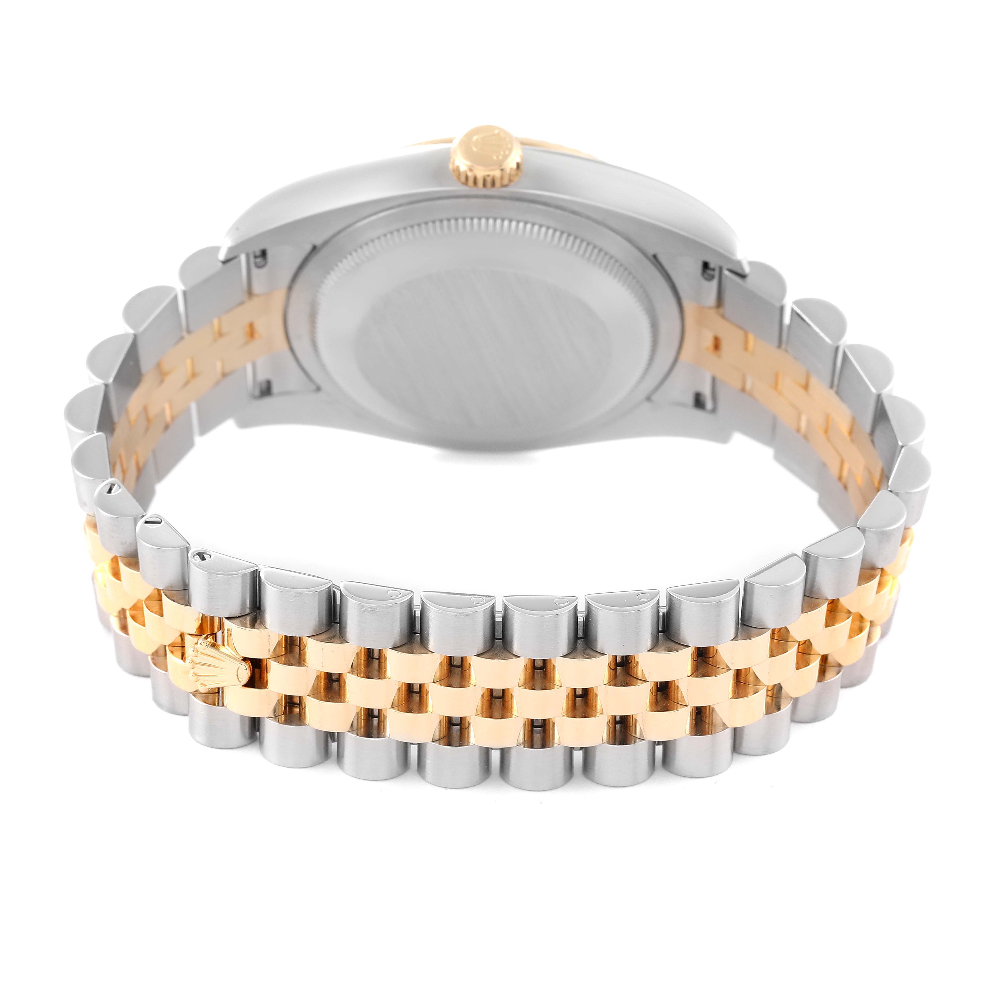 This image shows the rear view of a Rolex Datejust 116233 Men's Steel and Gold (two tone) Silver Dial 116233 Men's Steel and Gold (two tone) Silver Dial watch, focusing on the stainless steel and gold jubilee bracelet and case back.