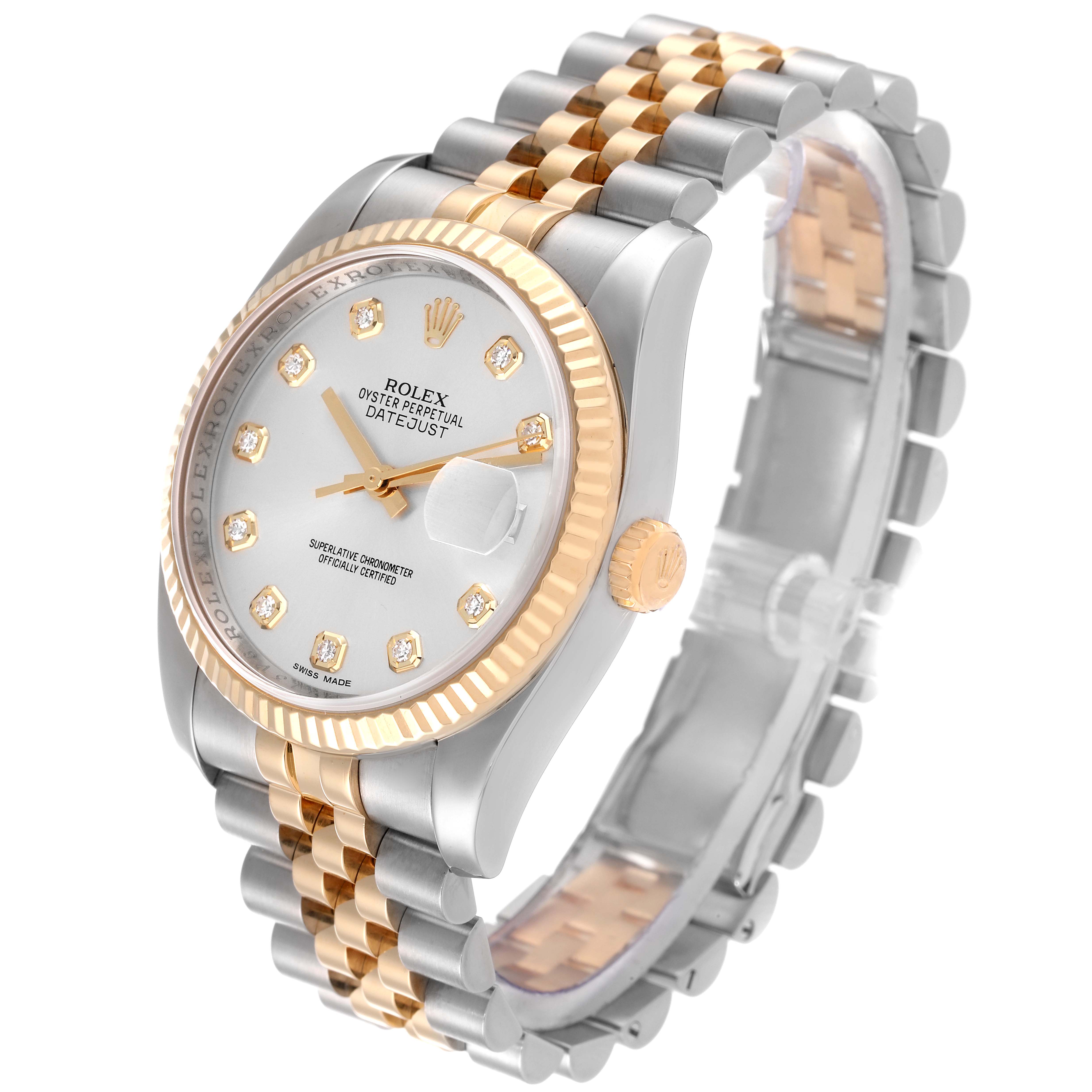 The image shows a Rolex Datejust 116233 Men's Steel and Gold (two tone) Silver Dial 116233 Men's Steel and Gold (two tone) Silver Dial watch angled to display the face, bezel, crown, and bracelet with jubilee links.