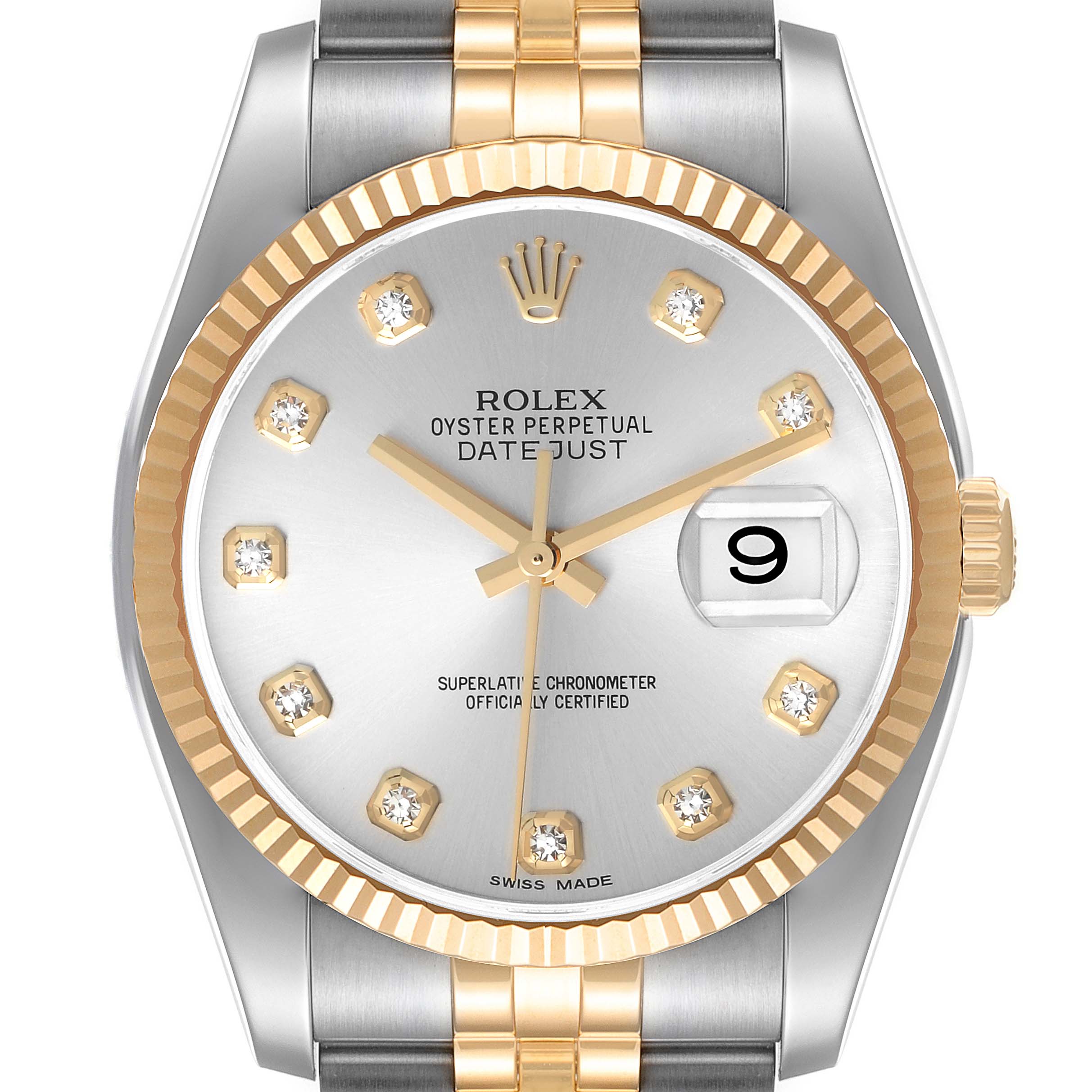 The image shows a front view of the Rolex Datejust 116233 Men's Steel and Gold (two tone) Silver Dial 116233 Men's Steel and Gold (two tone) Silver Dial watch, featuring its silver dial, gold fluted bezel, and partial bracelet.
