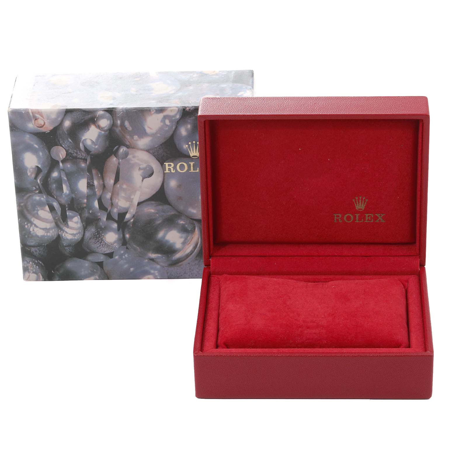 The image shows a Rolex Datejust 69163 Women's Steel and Gold (two tone) Grey Dial 69163 Women's Steel and Gold (two tone) Grey Dial watch box, with an open red interior and a decorative outer box.