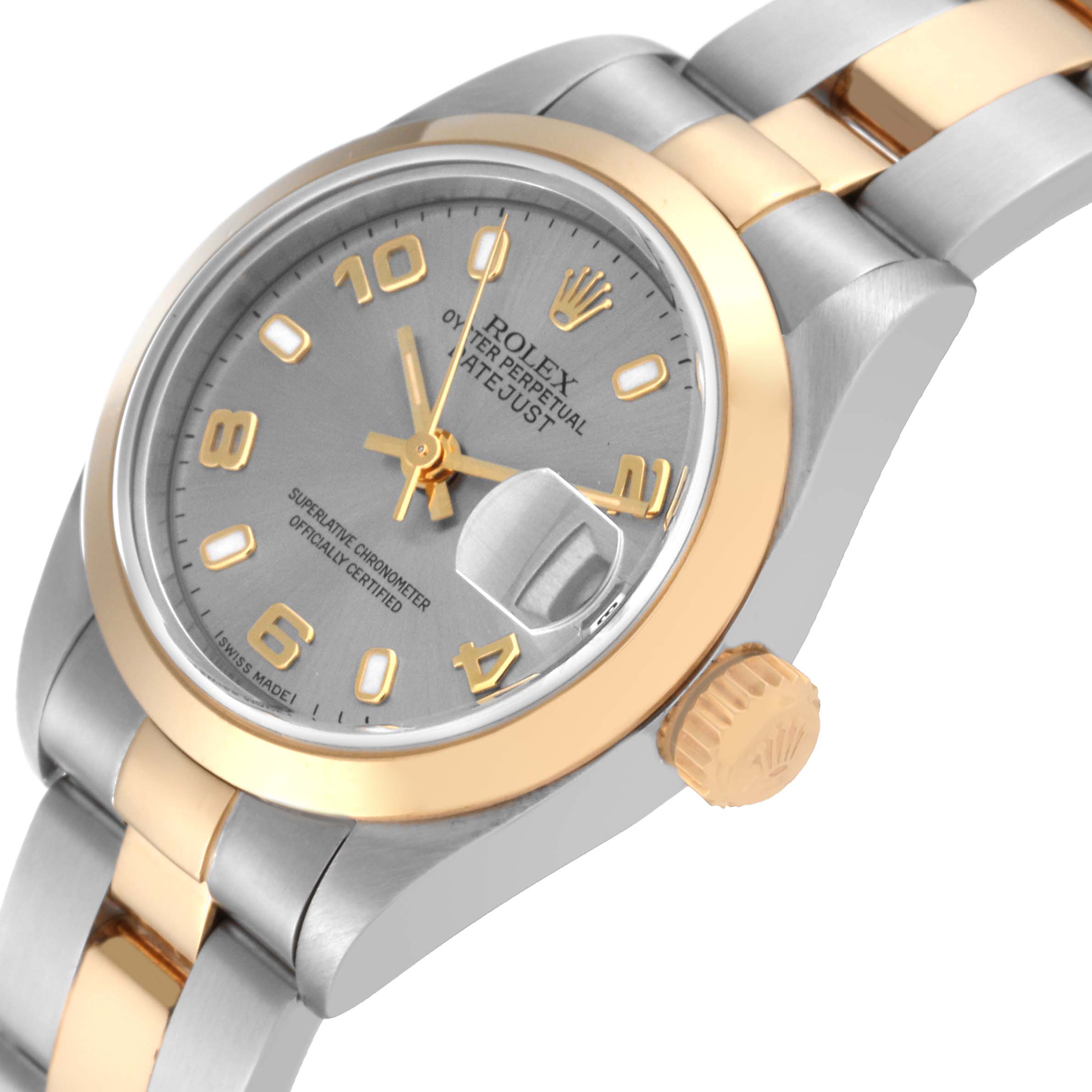 The image shows a close-up, side angle view of a Rolex Datejust 69163 Women's Steel and Gold (two tone) Grey Dial 69163 Women's Steel and Gold (two tone) Grey Dial watch, highlighting the dial, case, crown, and bracelet.
