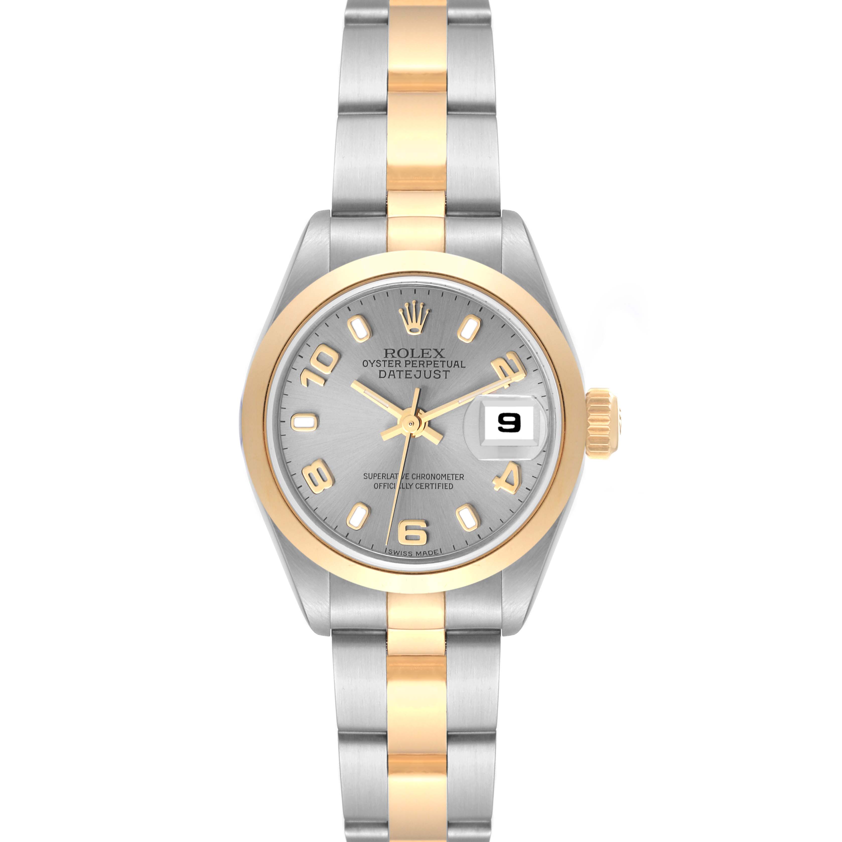 This image shows a frontal view of a Rolex Datejust 69163 Women's Steel and Gold (two tone) Grey Dial 69163 Women's Steel and Gold (two tone) Grey Dial watch, highlighting its face, bezel, and two-tone metal bracelet.