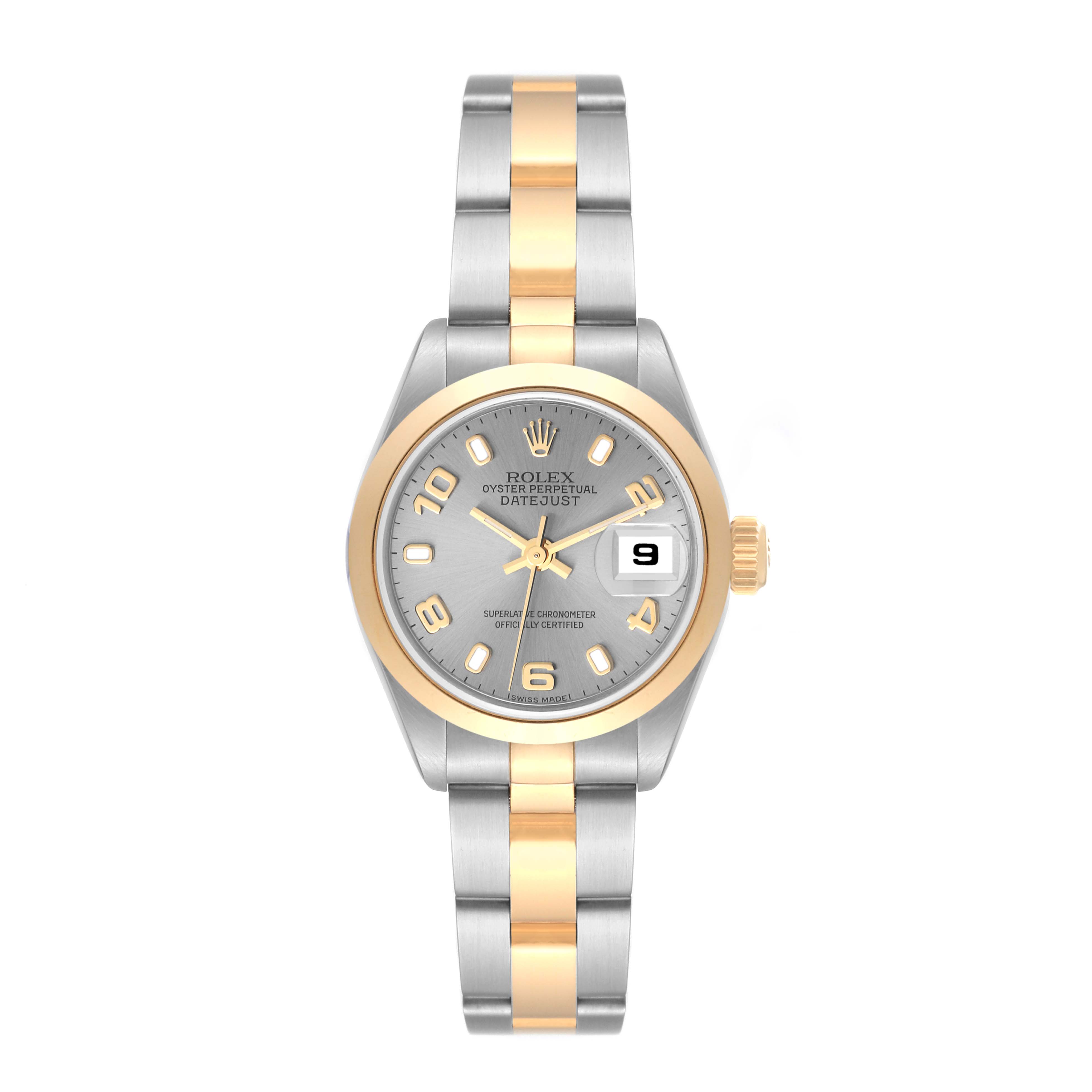 The Rolex Datejust 69163 Women's Steel and Gold (two tone) Grey Dial 69163 Women's Steel and Gold (two tone) Grey Dial watch is shown from a top-down angle, highlighting its silver and gold bracelet, dial, and date window at 3 o'clock.