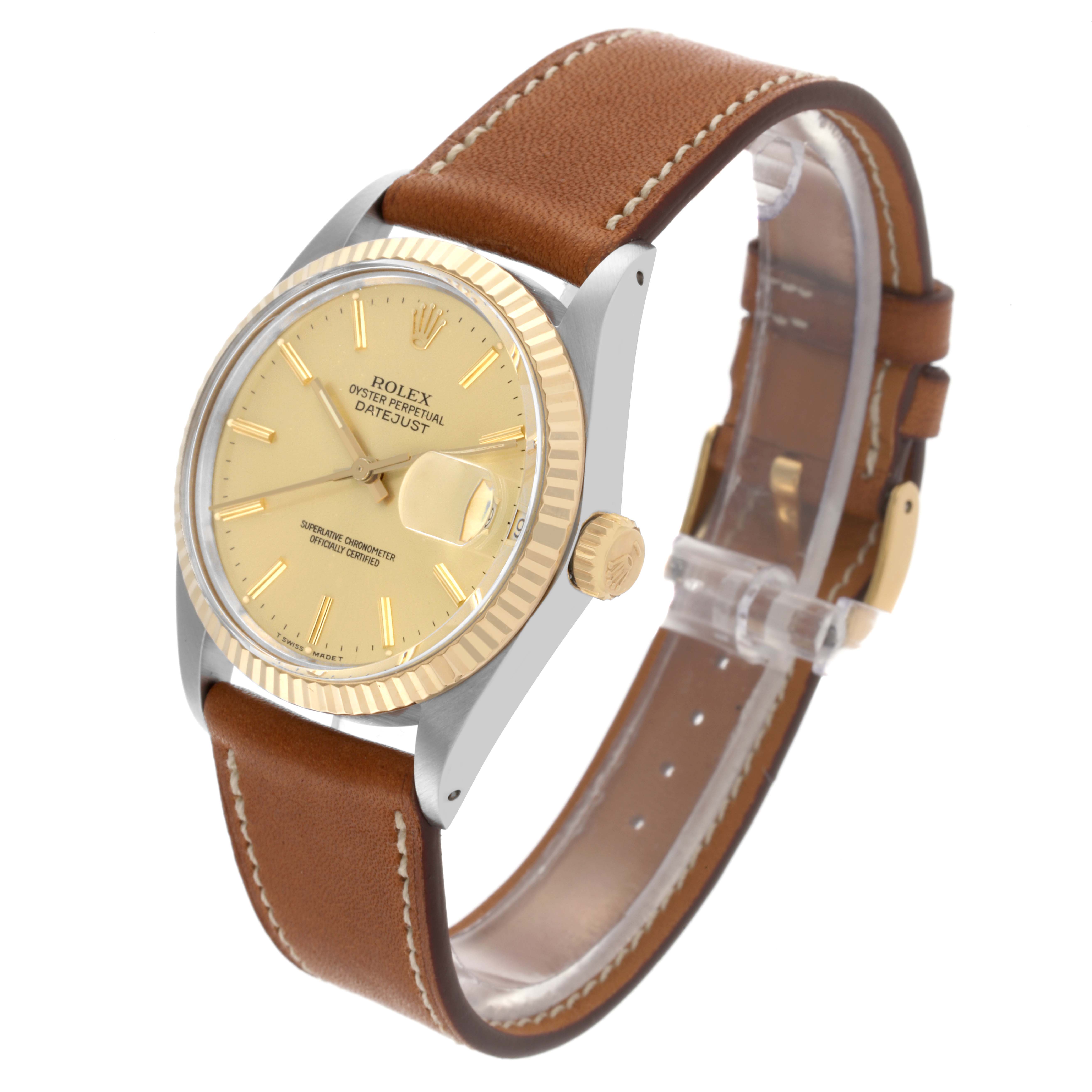 The Rolex Datejust 16013 Men's Steel and Gold (two tone) Champagne Dial 16013 Men's Steel and Gold (two tone) Champagne Dial watch is shown at a three-quarter angle, highlighting the dial, bezel, crown, and leather strap.