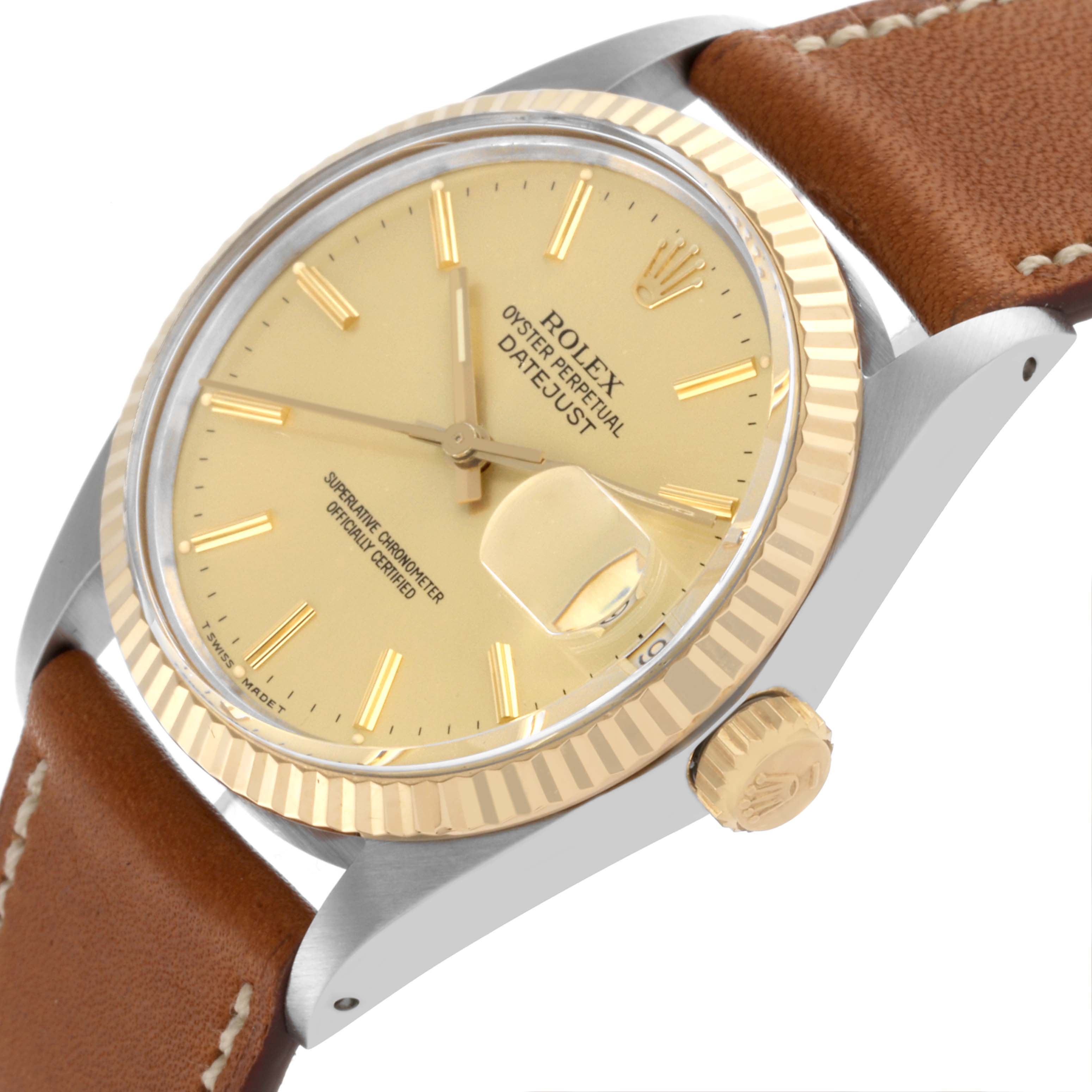 The Rolex Datejust 16013 Men's Steel and Gold (two tone) Champagne Dial 16013 Men's Steel and Gold (two tone) Champagne Dial watch is shown at an angled side view, highlighting the dial, fluted bezel, crown, and leather strap.