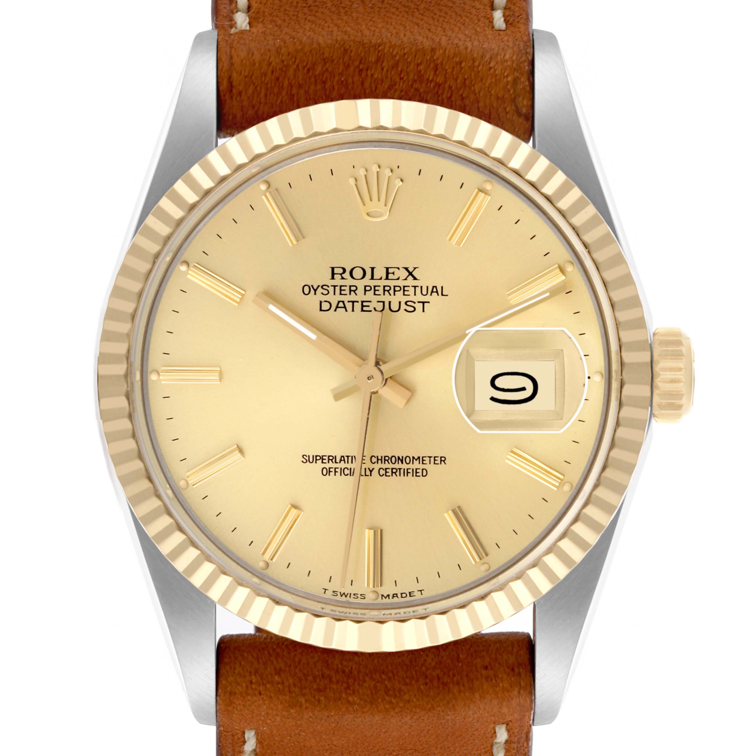 The Rolex Datejust 16013 Men's Steel and Gold (two tone) Champagne Dial 16013 Men's Steel and Gold (two tone) Champagne Dial watch is shown from a front angle, highlighting its gold dial, bezel, crown, and leather strap.