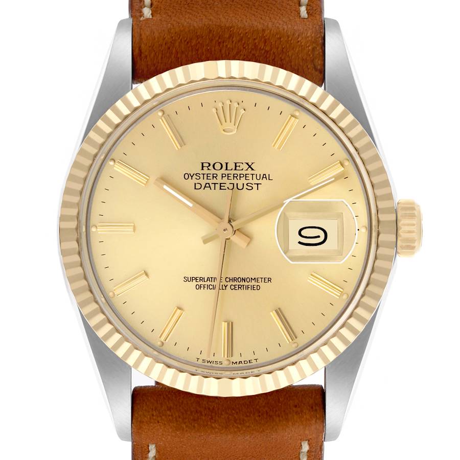 The Rolex Datejust watch is shown from a front angle, highlighting its gold dial, bezel, crown, and leather strap.