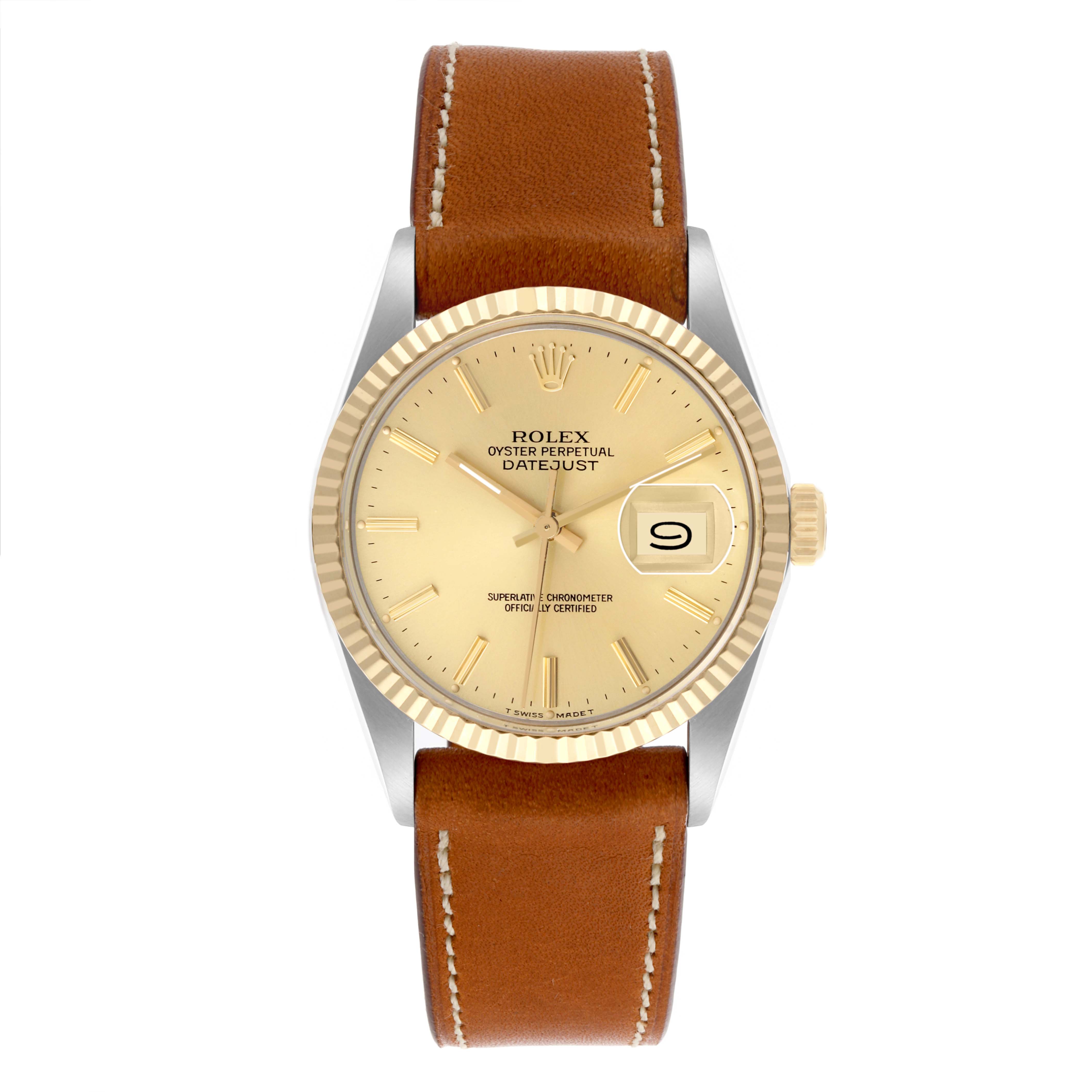 The Rolex Datejust 16013 Men's Steel and Gold (two tone) Champagne Dial 16013 Men's Steel and Gold (two tone) Champagne Dial watch is shown from a top-down angle, highlighting the dial, fluted bezel, and brown leather strap.