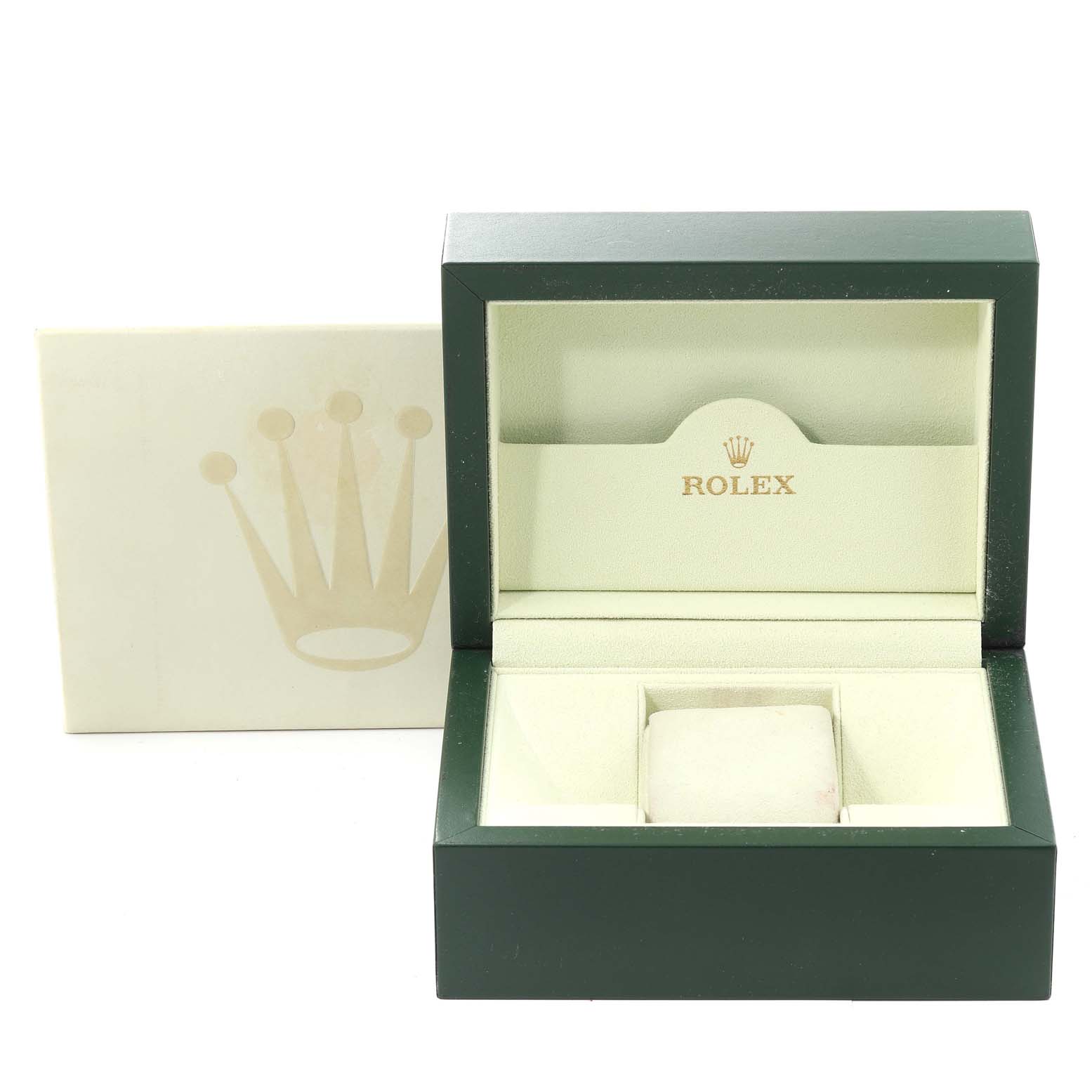 This image shows a green and beige Rolex Datejust 116233 Men's Steel and Gold (two tone) White Dial 116233 Men's Steel and Gold (two tone) White Dial watch box, with the lid open and the Rolex logo visible inside.