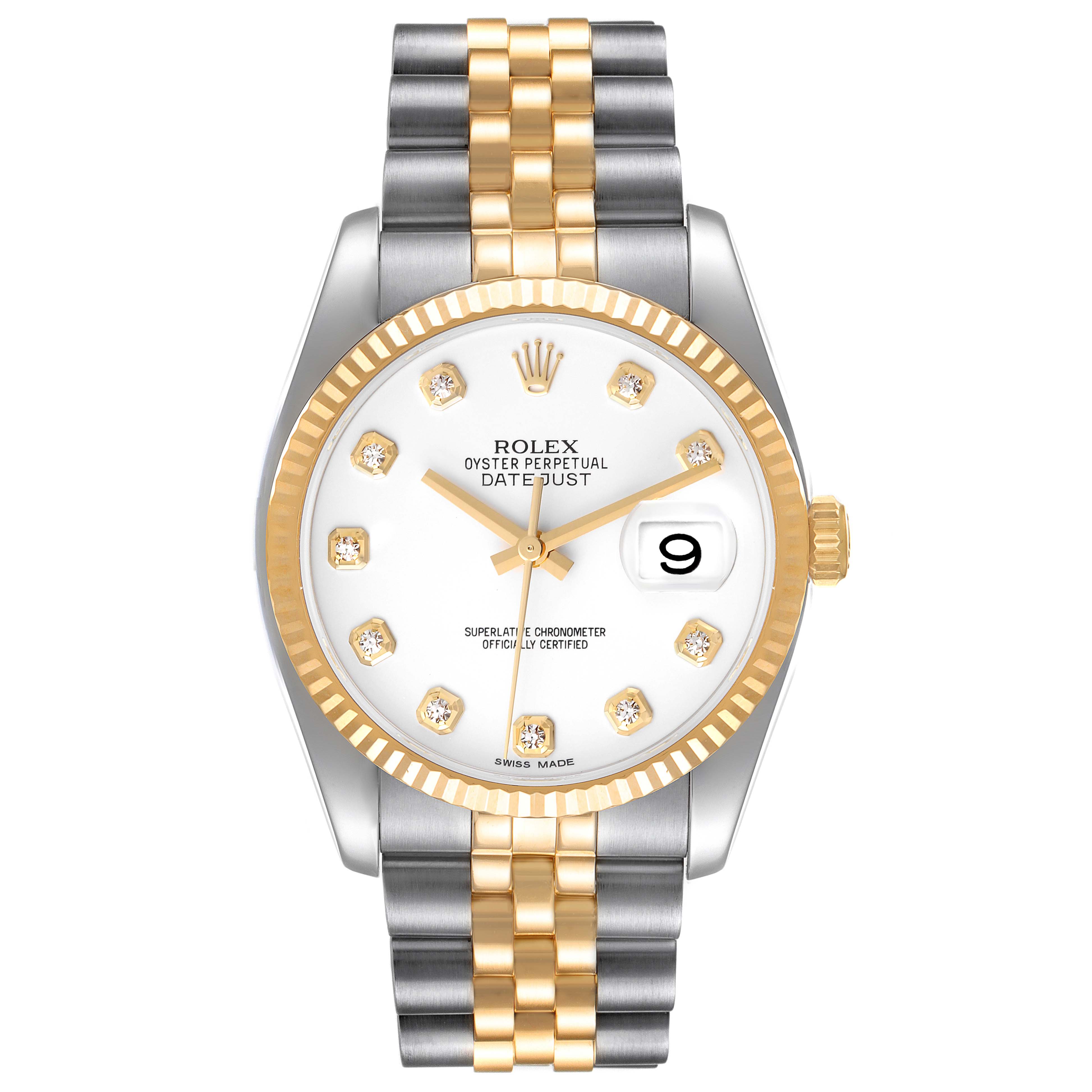 This image shows a Rolex Datejust 116233 Men's Steel and Gold (two tone) White Dial 116233 Men's Steel and Gold (two tone) White Dial watch from a front angle, featuring a white dial, gold and silver bracelet, and diamond hour markers.