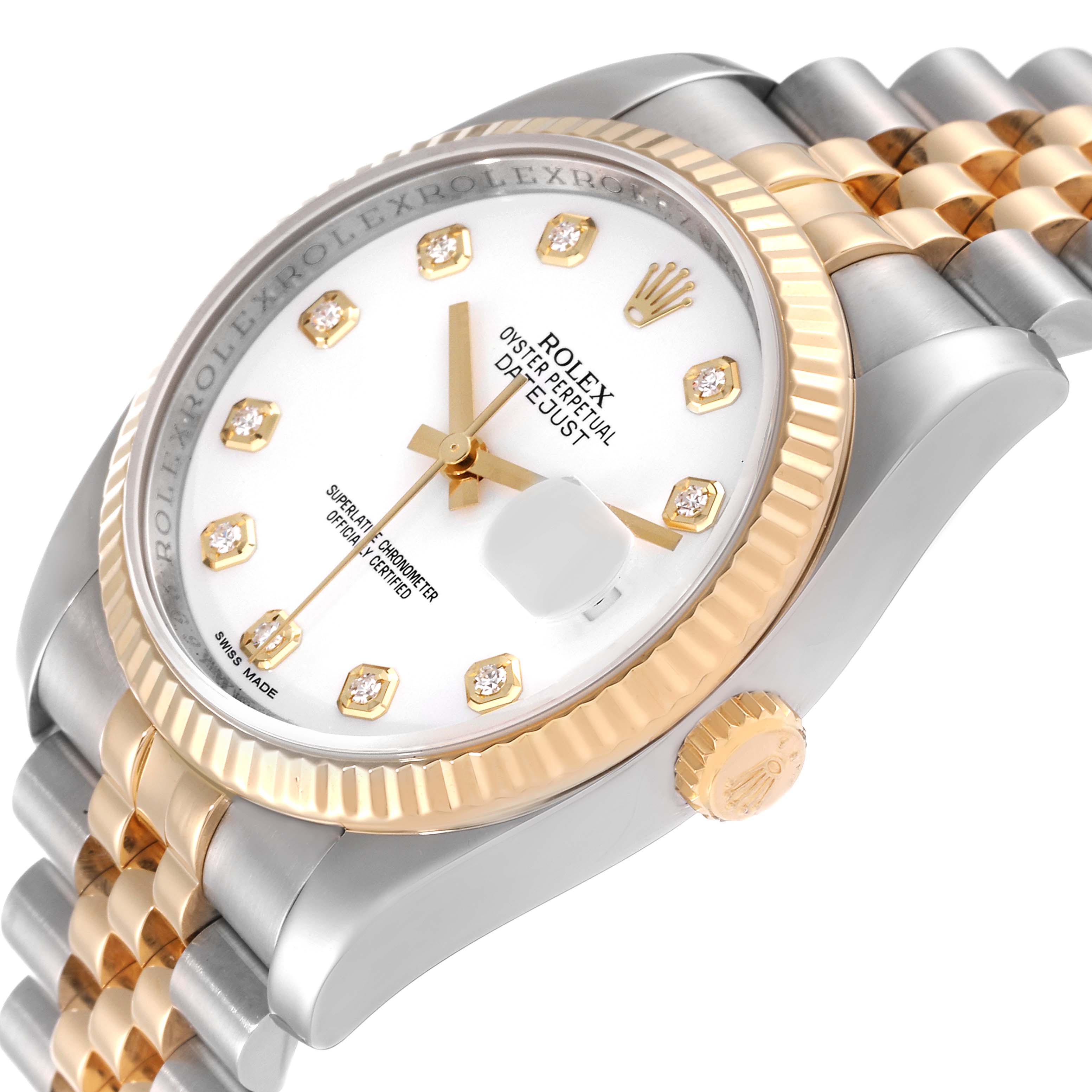 The image shows an angled side view of the Rolex Datejust 116233 Men's Steel and Gold (two tone) White Dial 116233 Men's Steel and Gold (two tone) White Dial watch featuring its dial, bezel, crown, and bracelet. 