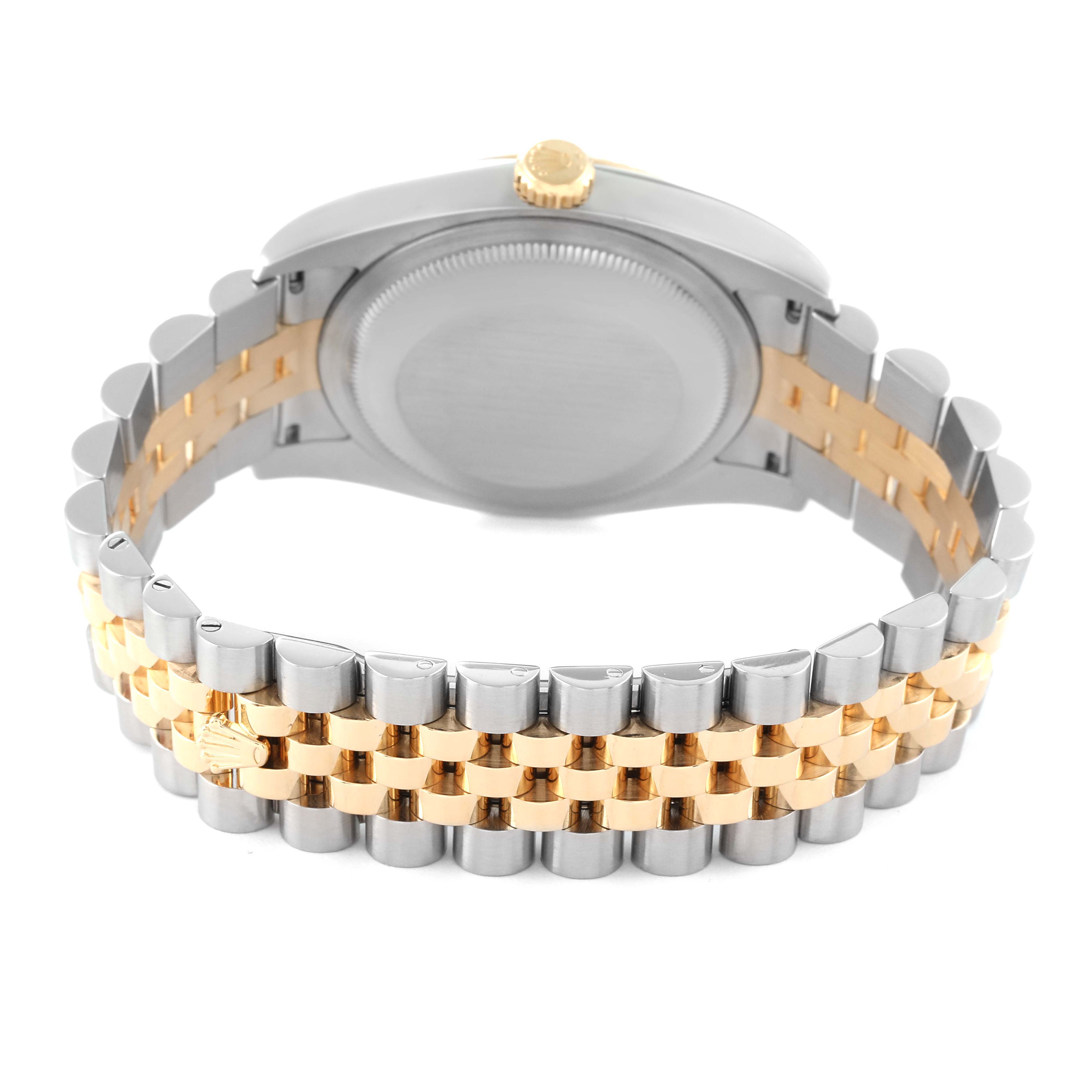 The Rolex Datejust 116233 Men's Steel and Gold (two tone) White Dial 116233 Men's Steel and Gold (two tone) White Dial watch is shown from the rear, highlighting the case back and the two-tone bracelet.