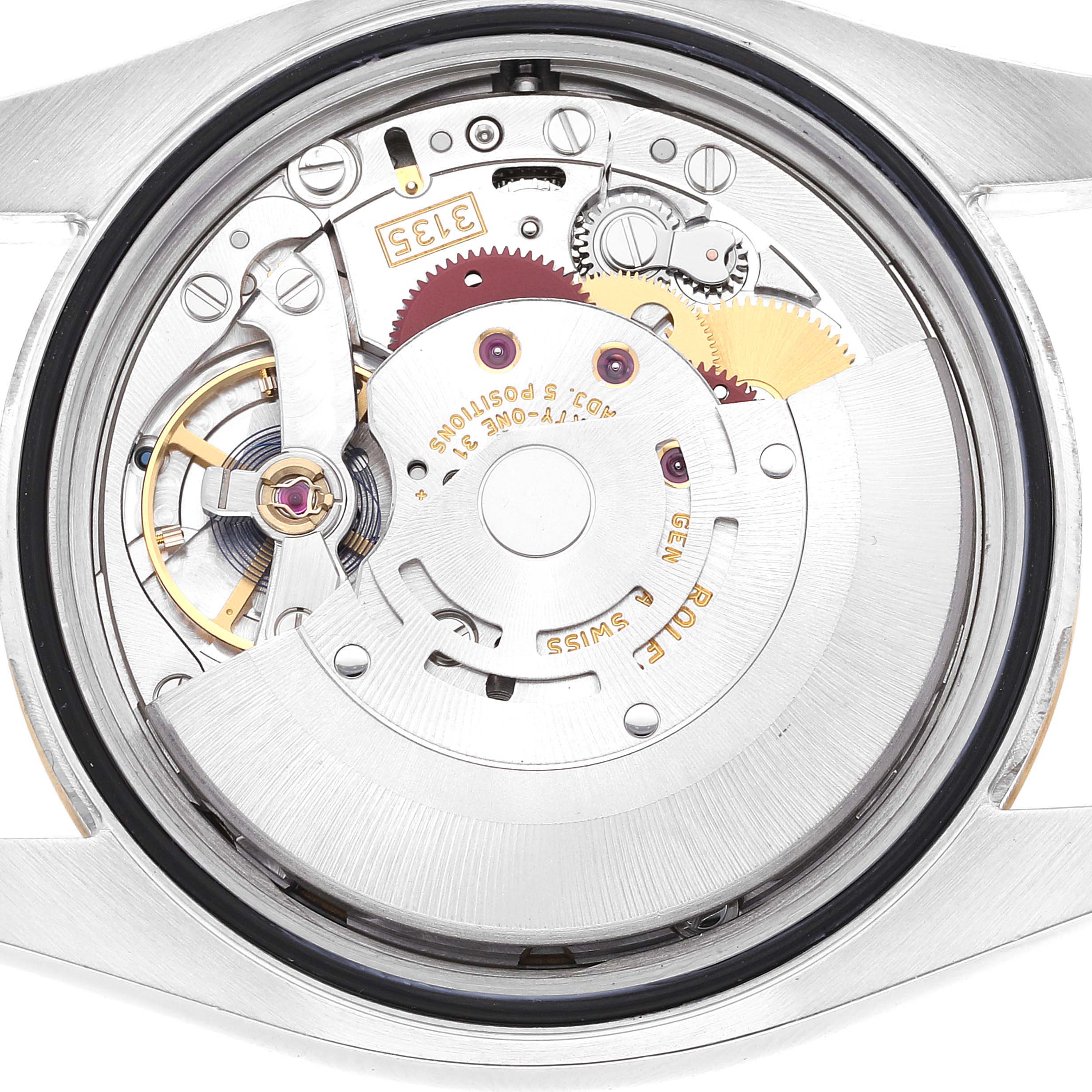 The image shows the inner mechanical movement of a Rolex Datejust 116233 Men's Steel and Gold (two tone) White Dial 116233 Men's Steel and Gold (two tone) White Dial watch from a direct top angle.