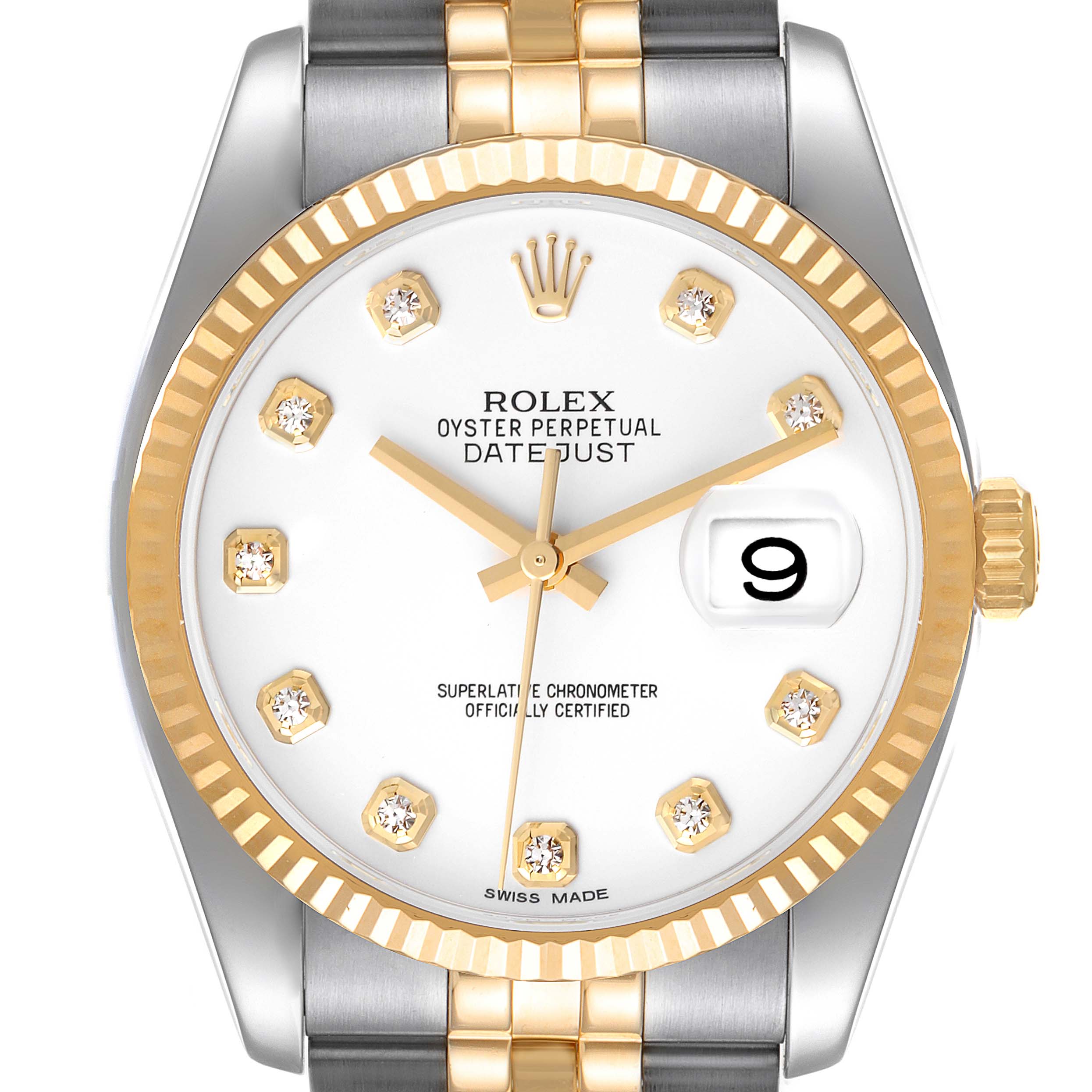 The image shows a close-up of the dial, bezel, and part of the bracelet of a Rolex Datejust 116233 Men's Steel and Gold (two tone) White Dial 116233 Men's Steel and Gold (two tone) White Dial watch.