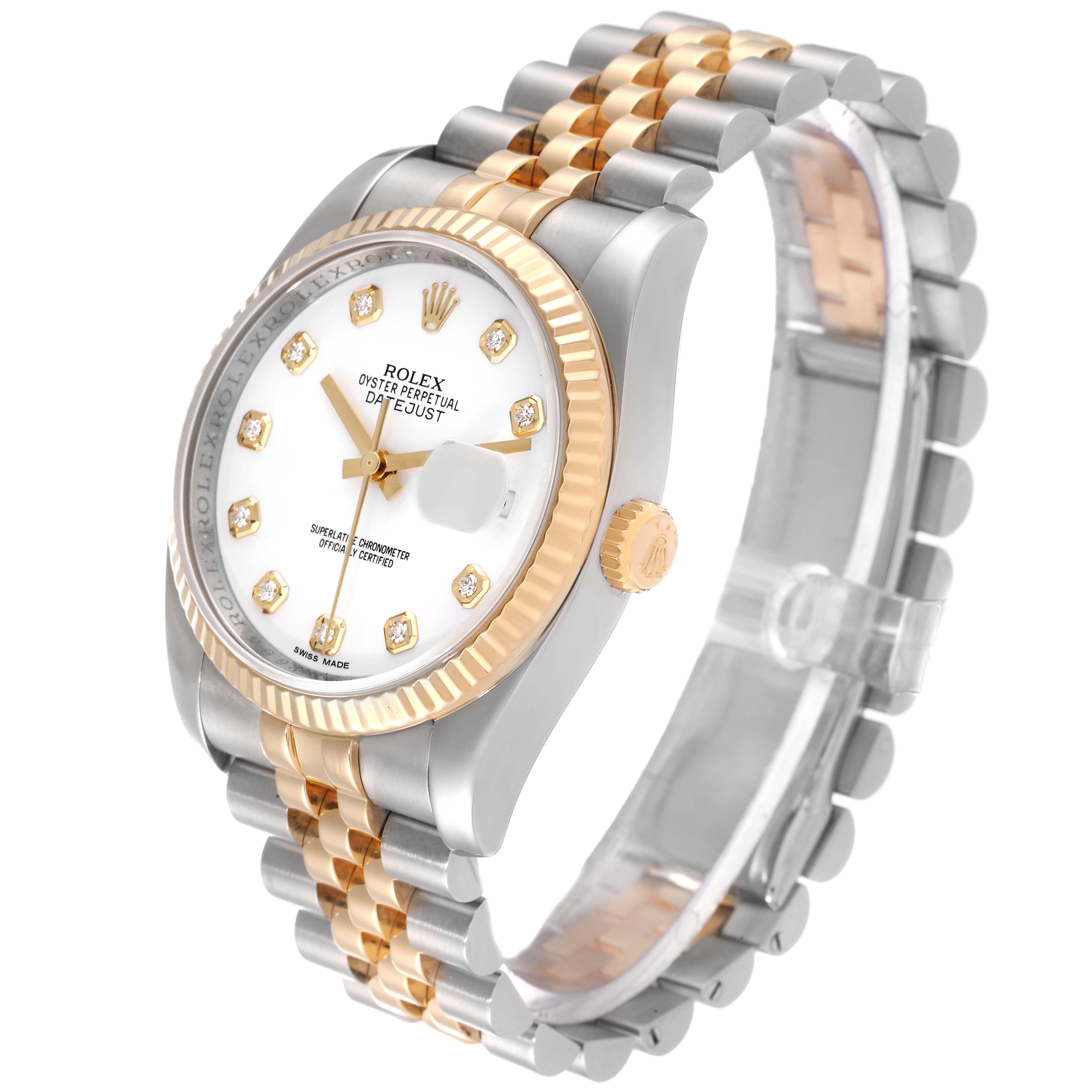 This image shows a Rolex Datejust 116233 Men's Steel and Gold (two tone) White Dial 116233 Men's Steel and Gold (two tone) White Dial watch from an angled side view, displaying the face, bezel, crown, and bracelet.