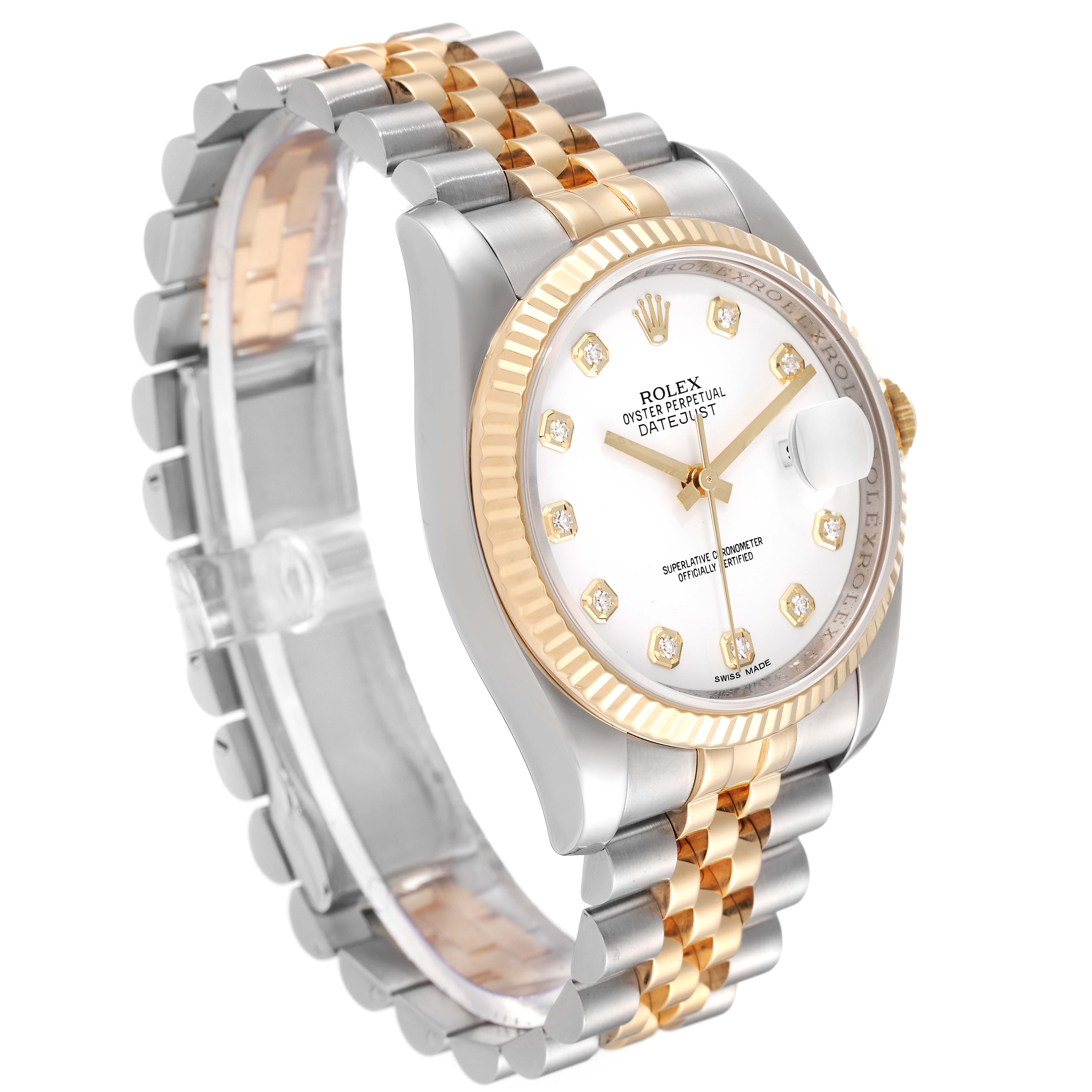 The Rolex Datejust 116233 Men's Steel and Gold (two tone) White Dial 116233 Men's Steel and Gold (two tone) White Dial watch is shown at a three-quarter angle, highlighting the case, bezel, dial, and bracelet.