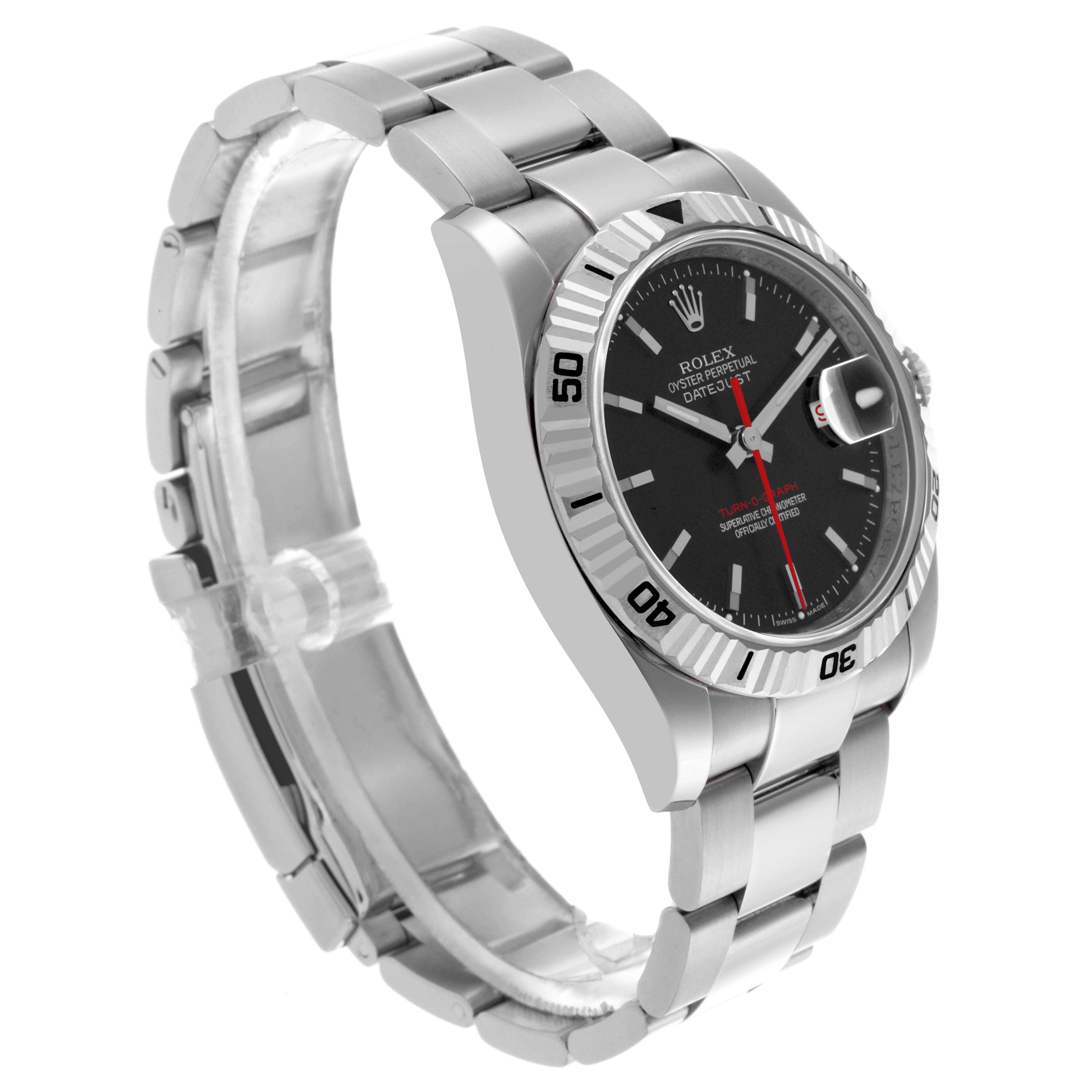 The Rolex Turn-o-Graph 116264 Men's Stainless Steel Black Dial 116264 Men's Stainless Steel Black Dial watch is shown at a three-quarter angle, displaying the bezel, dial, bracelet, and clasp.