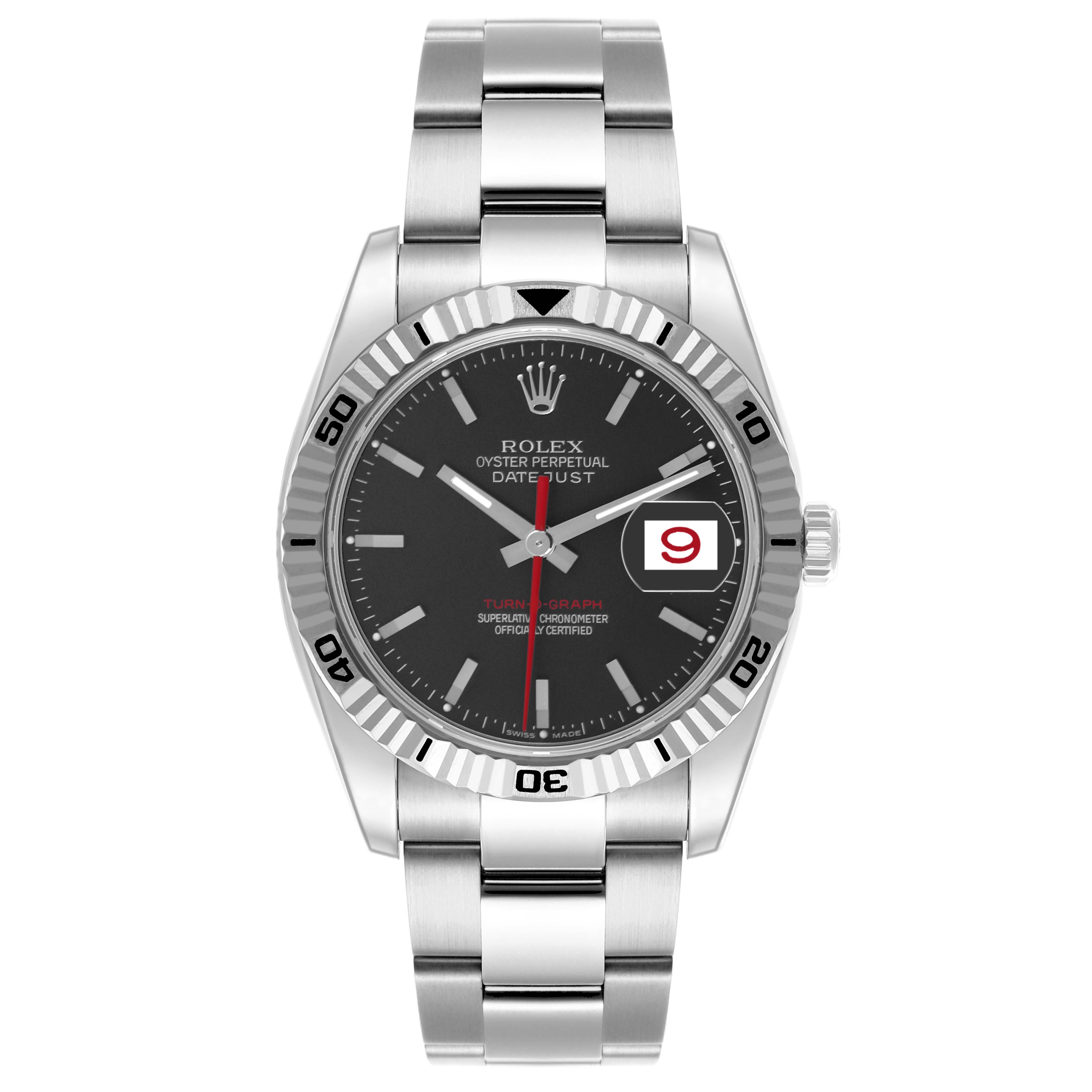 The Rolex Turn-o-Graph 116264 Men's Stainless Steel Black Dial 116264 Men's Stainless Steel Black Dial watch is shown from a top-down angle, displaying the dial, bezel, and bracelet.