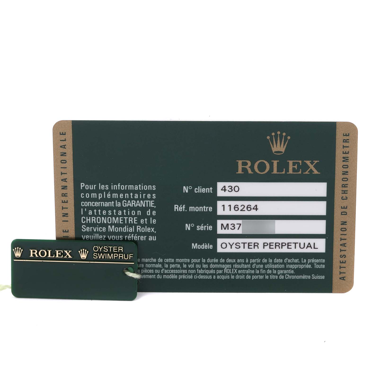 The image shows a Rolex Turn-o-Graph 116264 Men's Stainless Steel Black Dial 116264 Men's Stainless Steel Black Dial warranty card and a green Rolex tag, both flat and clearly visible.