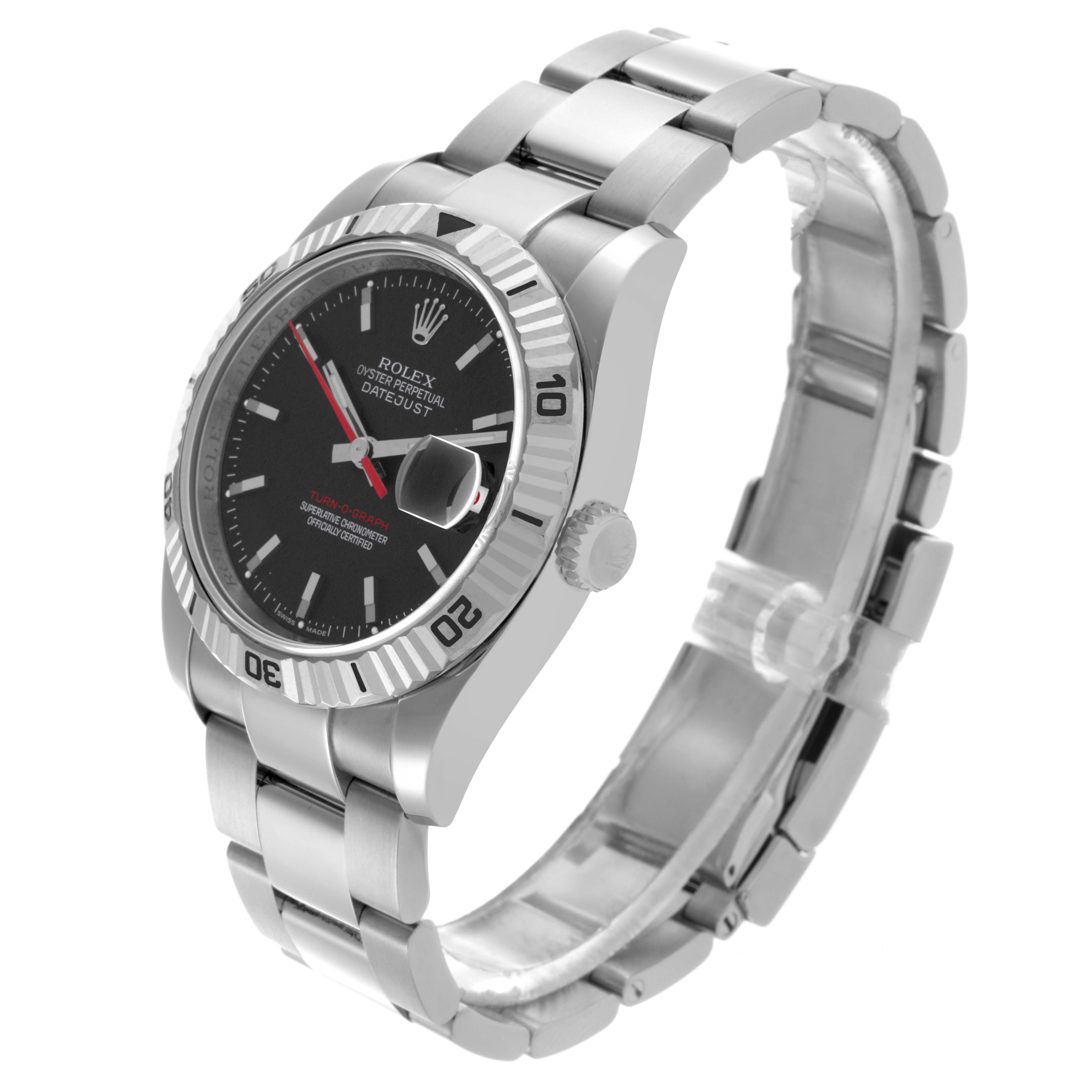 The Rolex Turn-o-Graph 116264 Men's Stainless Steel Black Dial 116264 Men's Stainless Steel Black Dial watch is shown at a three-quarter angle, displaying the bezel, dial, bracelet, and crown.
