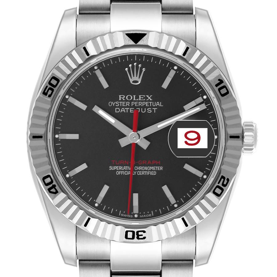 The image shows a front view of the Rolex Turn-o-Graph watch, displaying the dial, bezel, and bracelet.