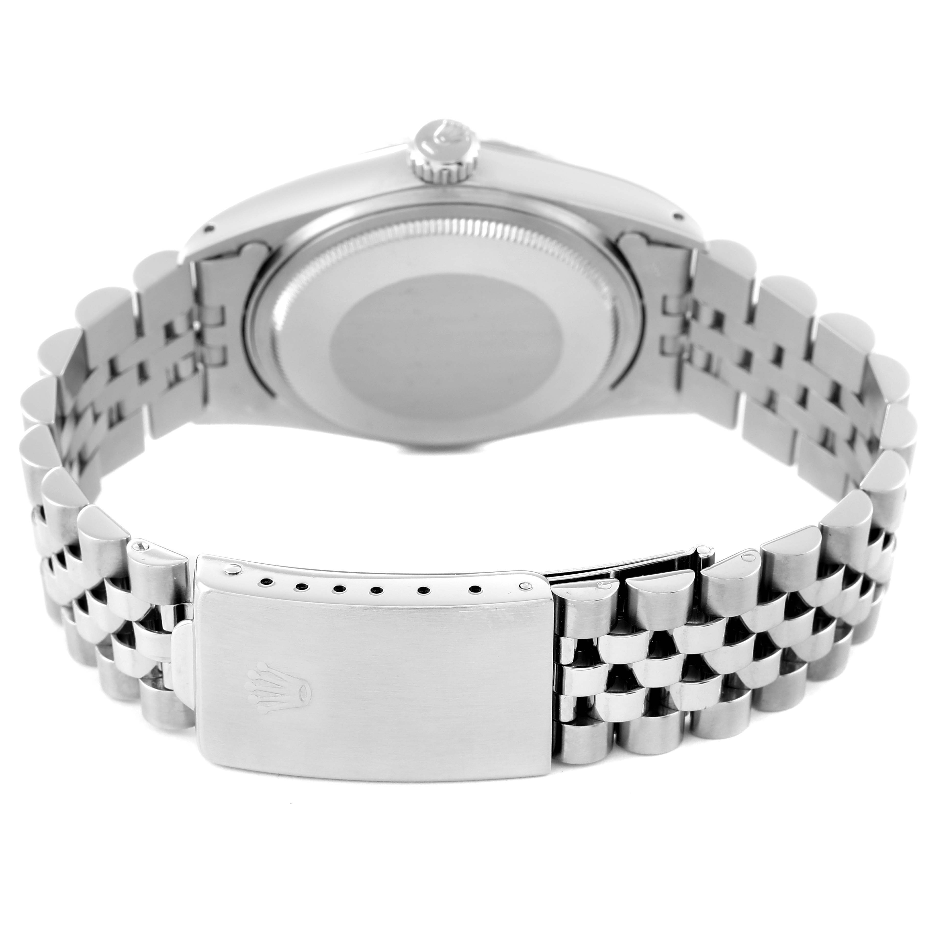 This image shows the back case, crown, and bracelet with clasp of the Rolex Datejust 16014 Men's Stainless Steel Black Dial 16014 Men's Stainless Steel Black Dial watch.