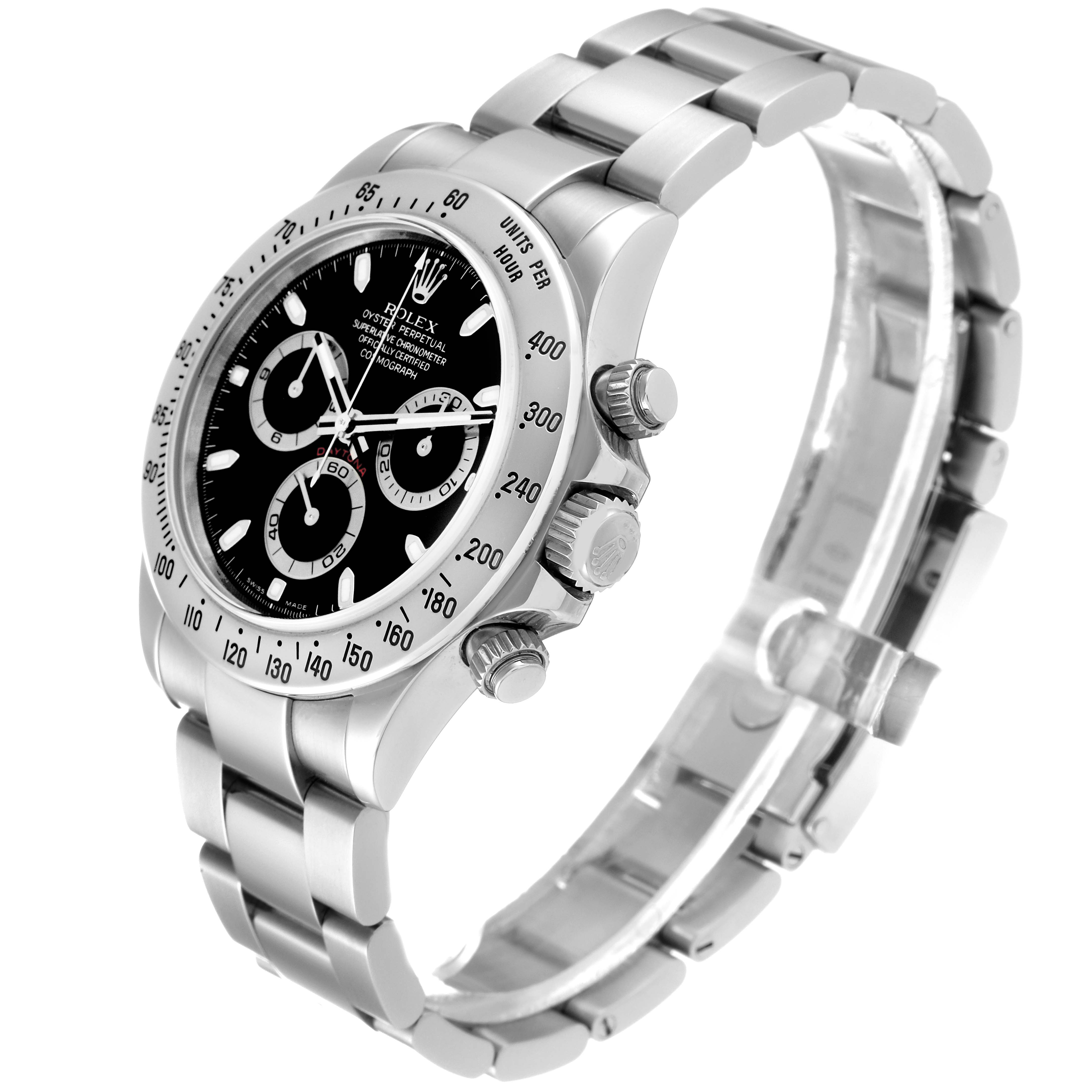 This image shows a side and front view of the Rolex Daytona 116520 Men's Stainless Steel Black Dial 116520 Men's Stainless Steel Black Dial watch, highlighting the crown, pushers, and bracelet.