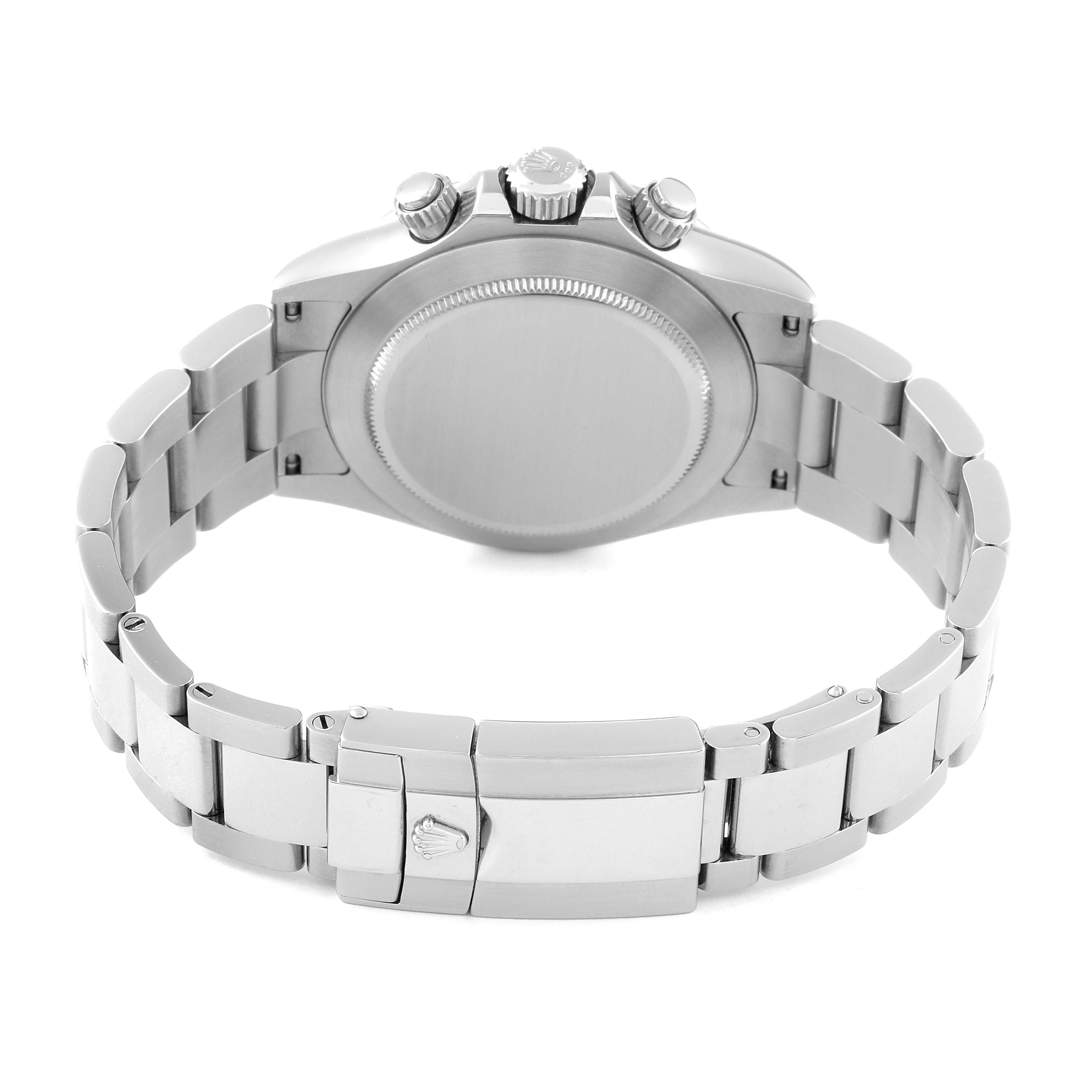 The image shows the back view of the Rolex Daytona 116520 Men's Stainless Steel Black Dial 116520 Men's Stainless Steel Black Dial watch, highlighting the case, bracelet, and clasp.