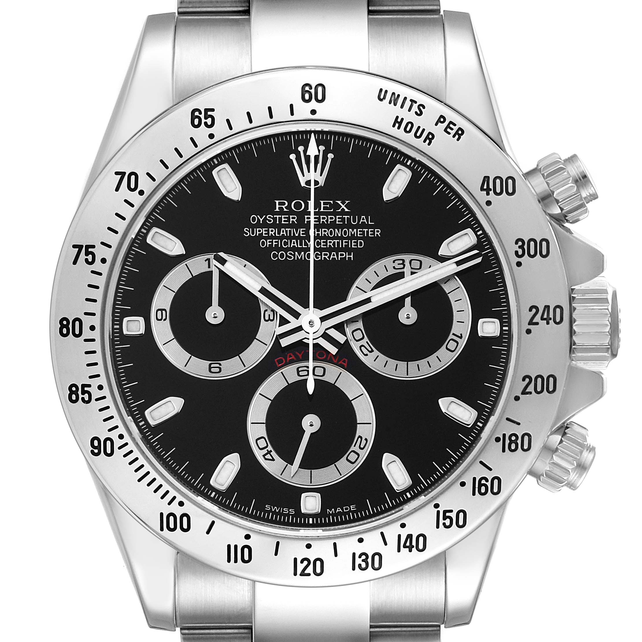 The image shows a front view of the Rolex Daytona 116520 Men's Stainless Steel Black Dial 116520 Men's Stainless Steel Black Dial watch, highlighting its black dial, subdials, and bezel with engraved tachymetric scale.