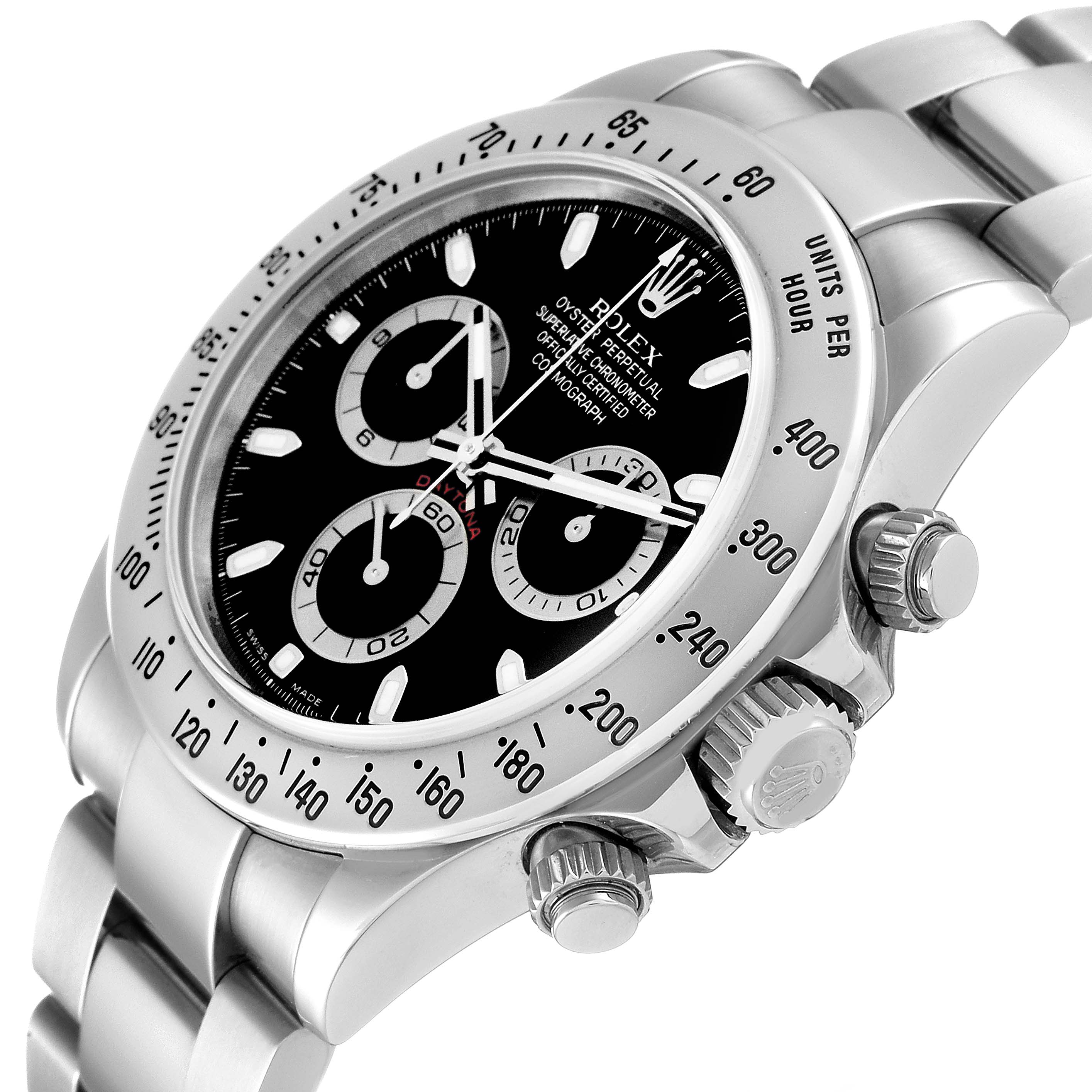 The image shows a close-up side view of the Rolex Daytona 116520 Men's Stainless Steel Black Dial 116520 Men's Stainless Steel Black Dial watch, highlighting the bezel, dial, and crown.