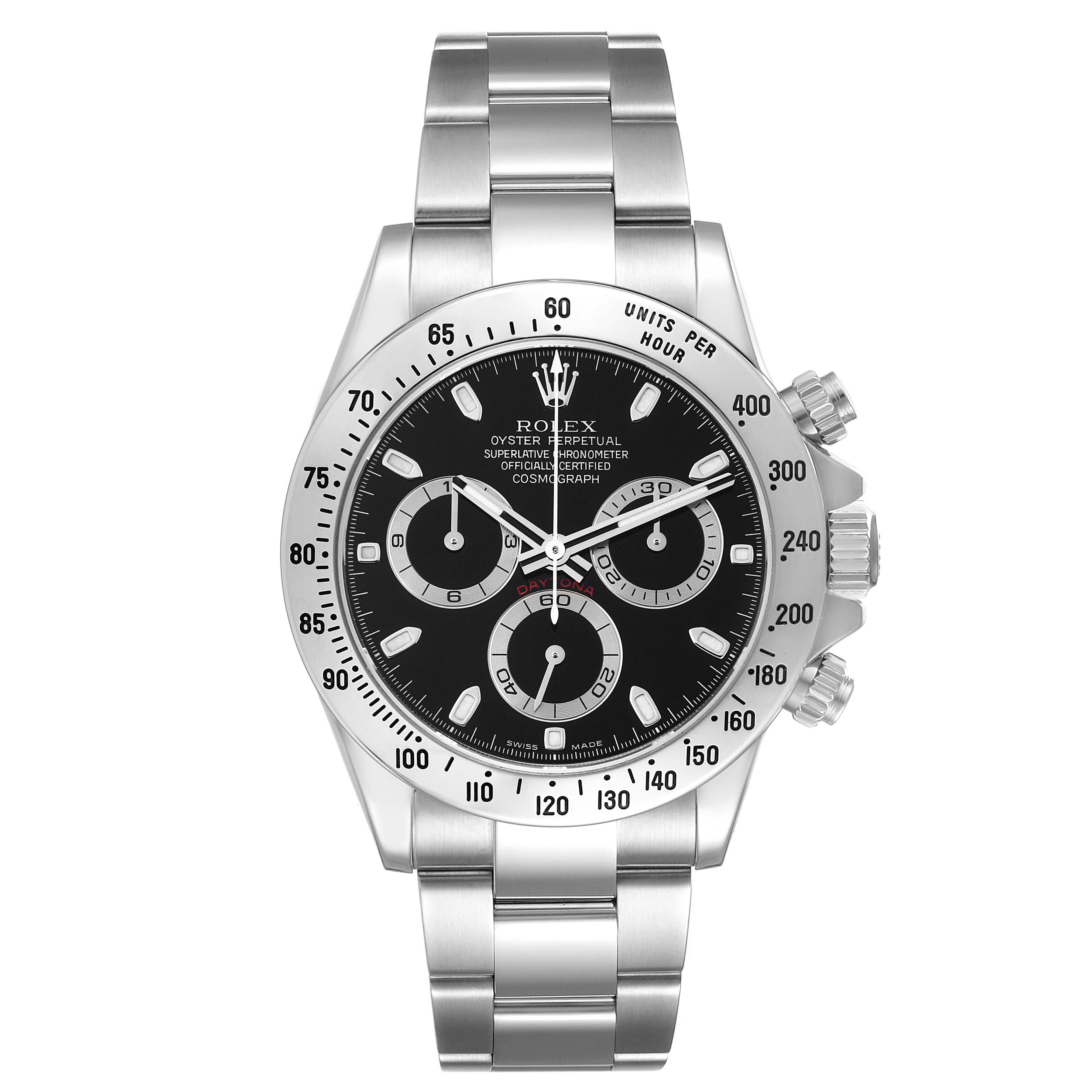 The image shows a front view of a Rolex Daytona 116520 Men's Stainless Steel Black Dial 116520 Men's Stainless Steel Black Dial watch, highlighting its bezel, dial, subdials, and stainless steel bracelet.