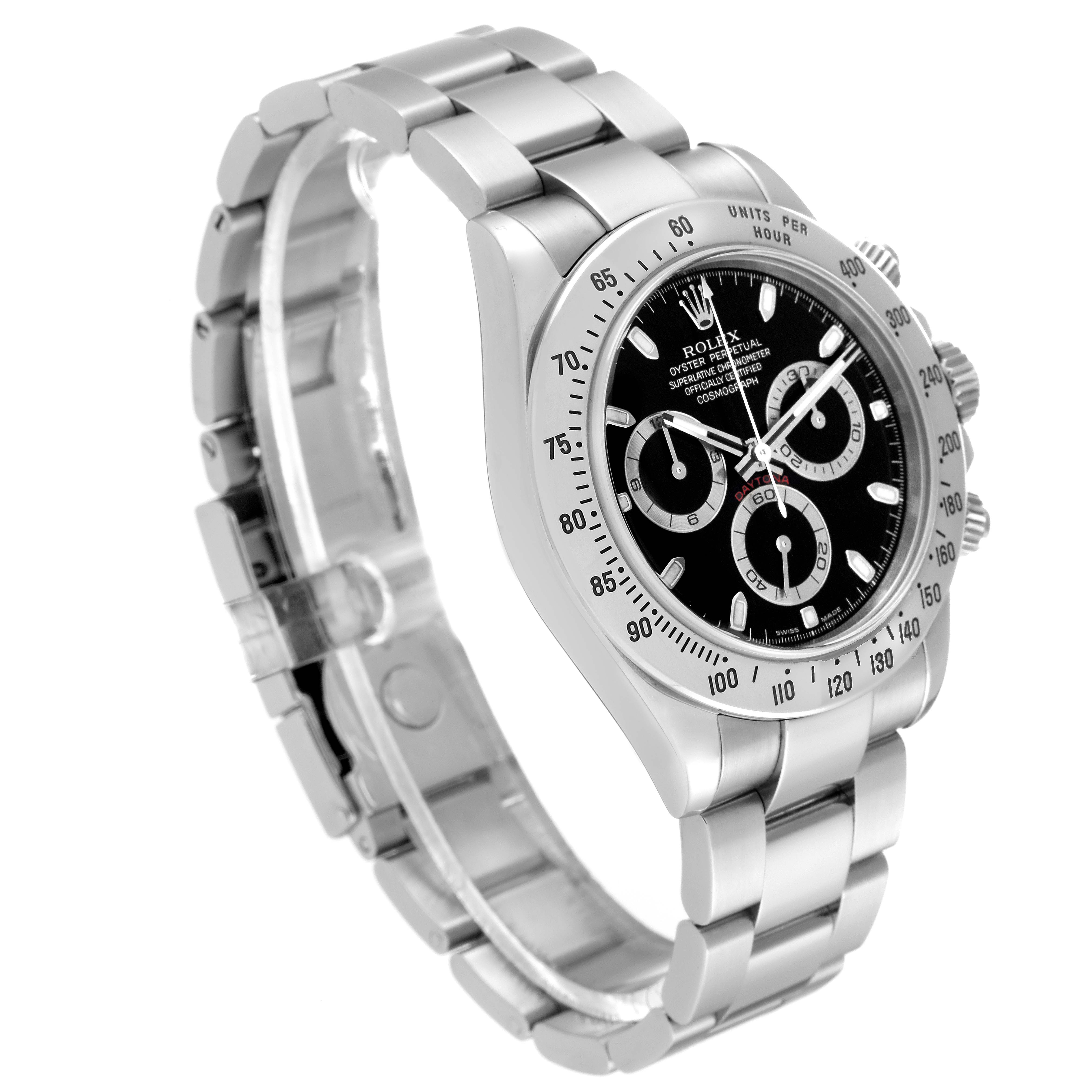 The image shows a Rolex Daytona 116520 Men's Stainless Steel Black Dial 116520 Men's Stainless Steel Black Dial watch at an angled side view, displaying its stainless steel bracelet, black dial, and tachymeter bezel.