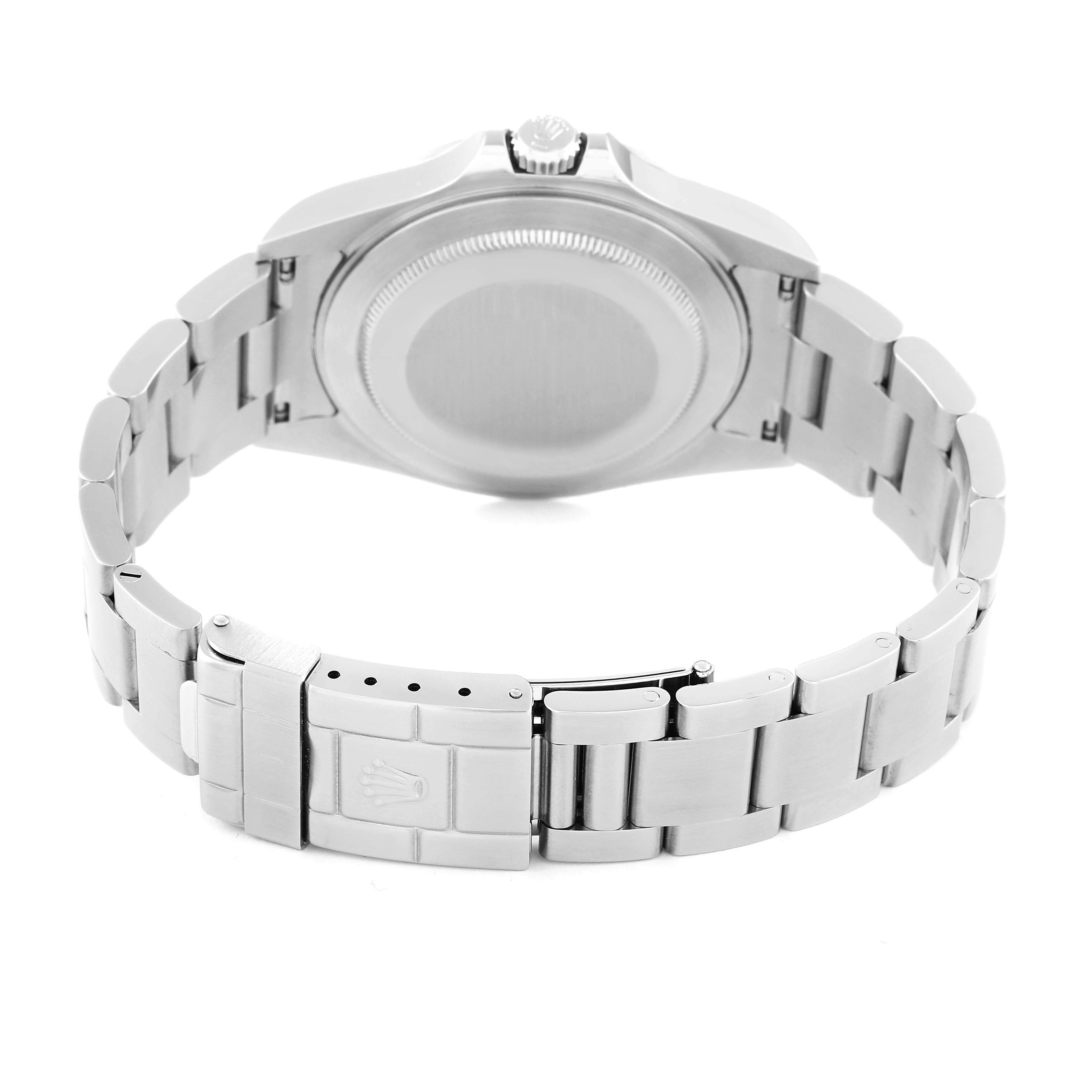 The image shows the back view of a Rolex Explorer 16570T Men's Stainless Steel Black Dial 16570T Men's Stainless Steel Black Dial watch, highlighting the case back, bracelet, and clasp.