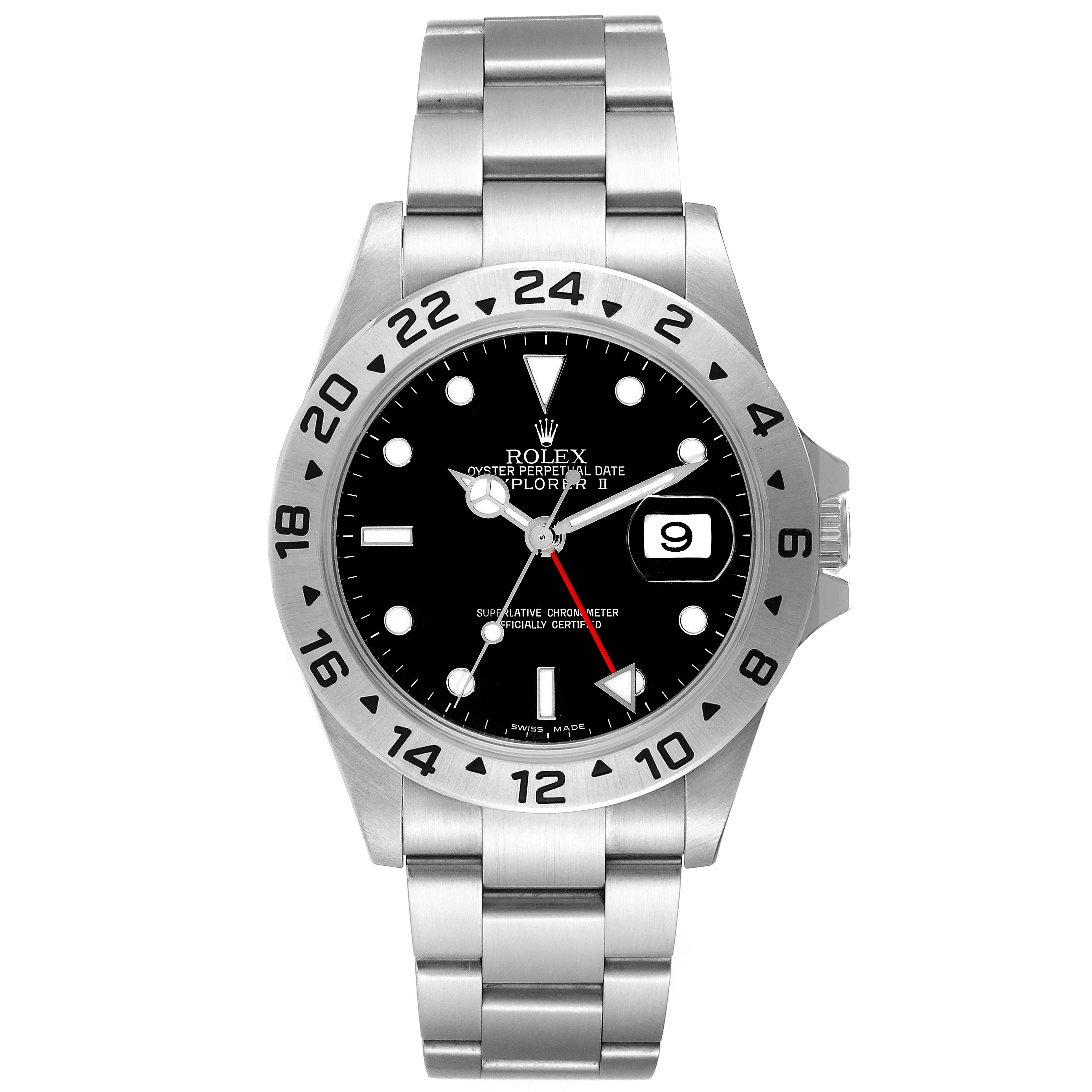 The Rolex Explorer 16570T Men's Stainless Steel Black Dial 16570T Men's Stainless Steel Black Dial watch is shown from a front angle, displaying its bezel, dial, hands, date window, and bracelet.